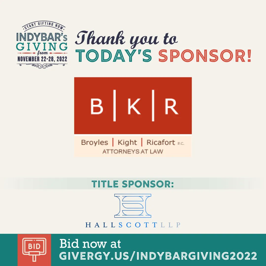 The IndyBar’s Giving online auction is off to a fantastic start. Have you put your bid in yet? 
Thank you to our sponsor for today, Broyles Kight &amp; Rickafort PC. Head on over to buff.ly/3TW6mzz and bid today!
