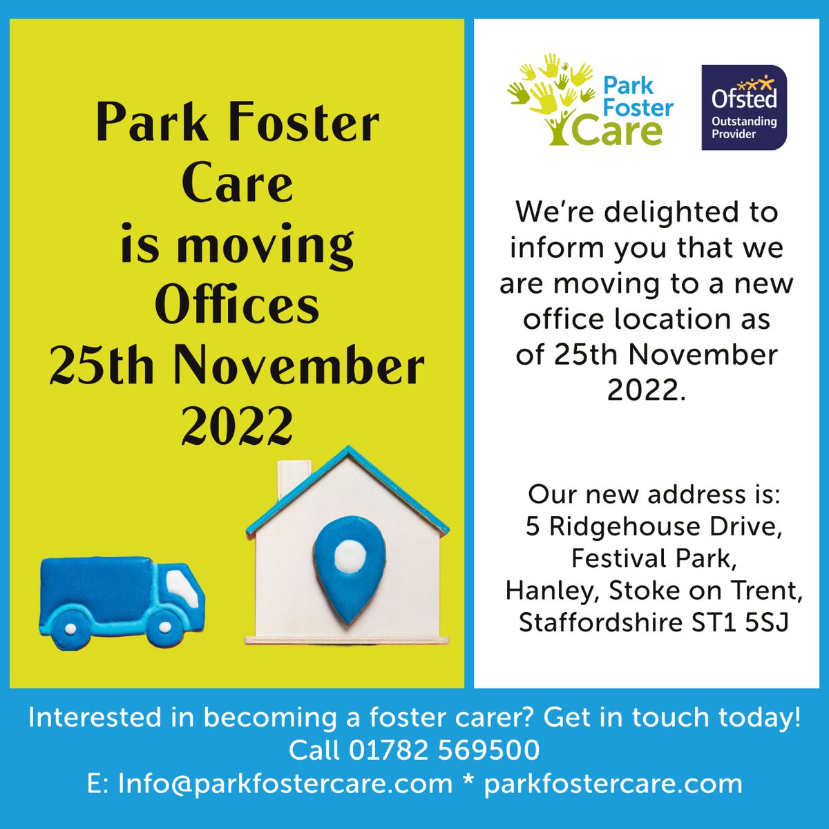 Park Foster Care News: We are pleased to announce that we are moving to our lovely new offices on Friday 25th November which are situated in the heart of Stoke on Trent at Festival Park. 
Exciting times!  #parkfostercare #foster #festivalpark #stokeontrentlive