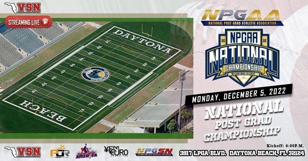 National Post Grad Athletic Association (@thenpgaa) on Twitter photo The NPGAA Post Grad Football National Championship game will be hosted at the beautiful Daytona Beach Stadium, in Daytona Beach Florida. <a href="/TheNPGAA/">National Post Grad Athletic Association</a> continues to establish a grand stage for Post Grad football programs throughout the country to showcase its talent. Live Dec. 5, 2022 The NPGAA Post Grad Football National Championship game will be hosted at the beautiful Daytona Beach Stadium, in Daytona Beach Florida. <a href="/TheNPGAA/">National Post Grad Athletic Association</a> continues to establish a grand stage for Post Grad football programs throughout the country to showcase its talent. Live Dec. 5, 2022