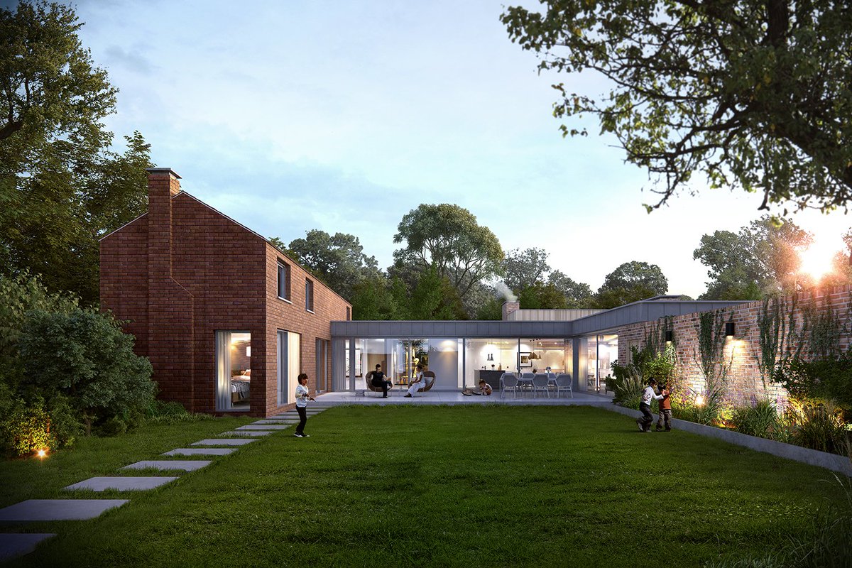 Plot 3 at our three house contemporary development seeks to convert the existing red brick Dairy with a sympathetic single storey glass extension that faces into a private walled garden. #contemporaryhouse #contemporaryhome #modernhouse #modernhome #contemporaryextension #modern
