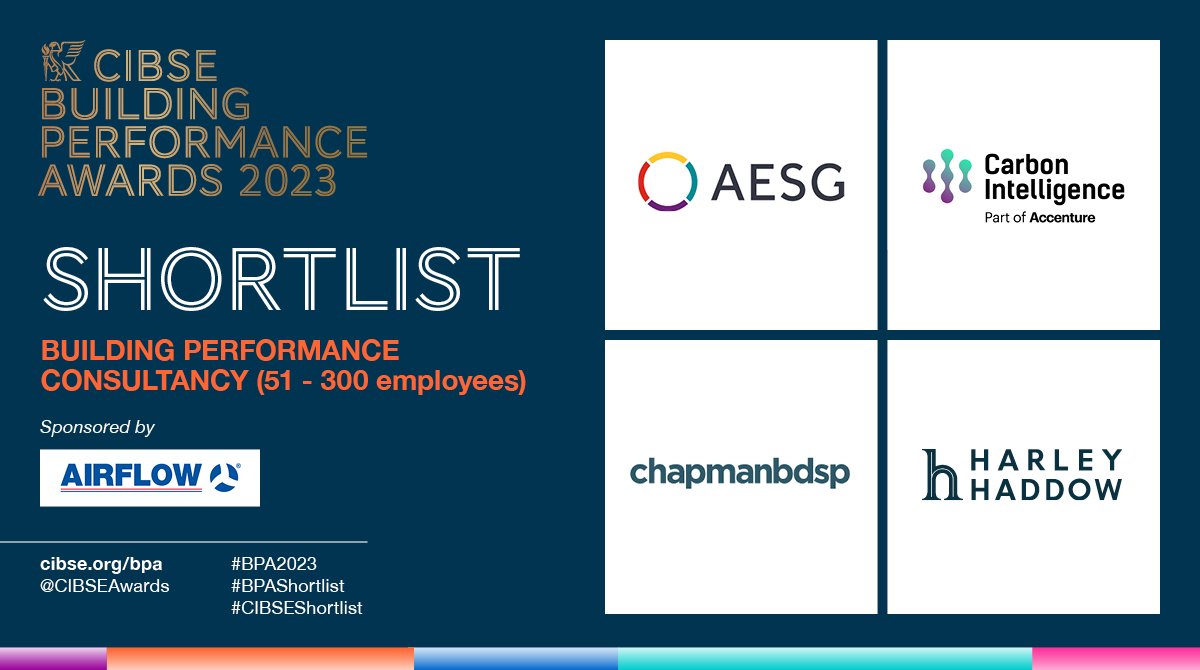 CIBSE Awards (@cibseawards) on Twitter photo Up next, is the #CIBSEShortlist for Building Performance Consultancy (51-300 employees) sponsored by <a href="/AirflowD/">Airflow Developments</a>. <a href="/AESG_Limited/">AESG</a>, <a href="/CarbonIntel/">Carbonintel</a>, <a href="/chapmanbdsp/">chapmanbdsp</a>, <a href="/Harleyhaddow/">Harley Haddow</a> <a href="/CIBSE/">CIBSE</a> #BPA2023 #BPAShortlist Up next, is the #CIBSEShortlist for Building Performance Consultancy (51-300 employees) sponsored by <a href="/AirflowD/">Airflow Developments</a>. <a href="/AESG_Limited/">AESG</a>, <a href="/CarbonIntel/">Carbonintel</a>, <a href="/chapmanbdsp/">chapmanbdsp</a>, <a href="/Harleyhaddow/">Harley Haddow</a> <a href="/CIBSE/">CIBSE</a> #BPA2023 #BPAShortlist