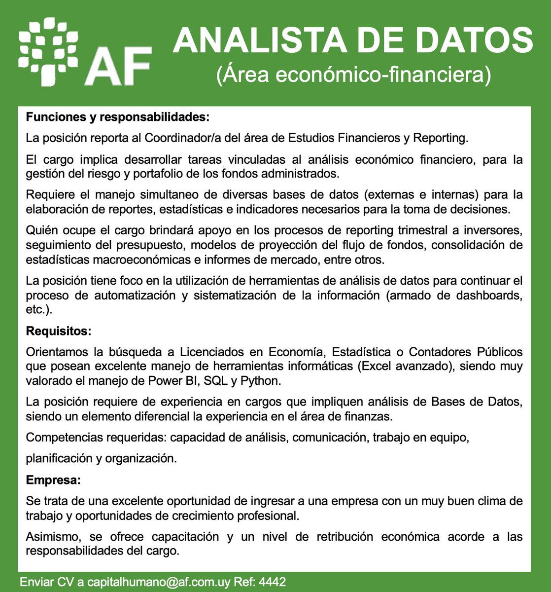 Oportunidad laboral para ANALISTA DE DATOS. 
Para integrarse al Área económico-financiera de AF. #Empleo #Hiring