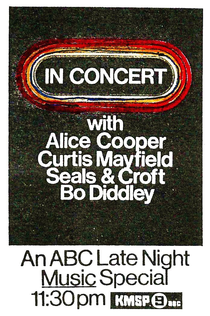 70sDailyDose's tweet photo. On November 24, 1972, the first episode of “In Concert” premiered, featuring Alice Cooper, Bo Diddley, Curtis Mayfield and Seals &amp; Crofts. The original series would air for 3 seasons with 57 episodes. #InConcert https://t.co/yZ0j9R3hU4
