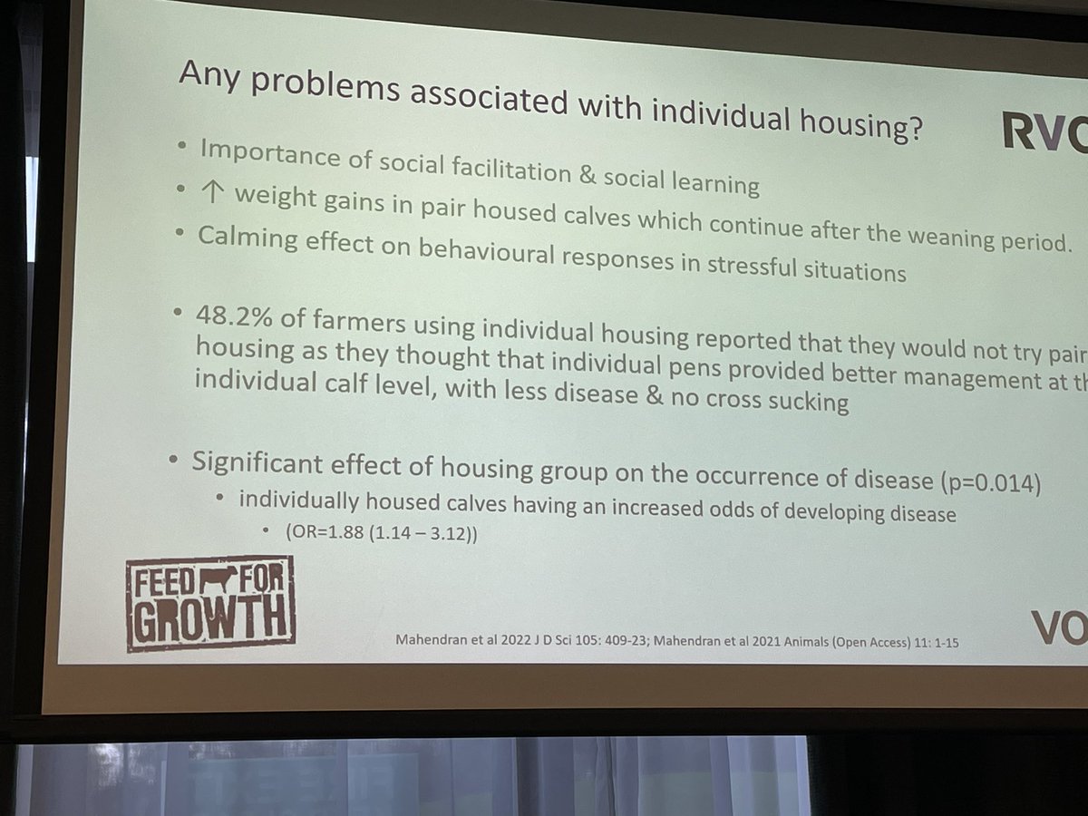 GinnySherwin's tweet photo. What housing type are you using for dairy calves? 
Pair or individual housing: individual housing has OR 1.88 for disease development (n=400 calves) 
Abnormal oral behaviours still happen if individually housed (⬆️ self grooming)
Sophie Mahendran from @RoyalVetCollege #totaldairy https://t.co/jWWmgw1Lym