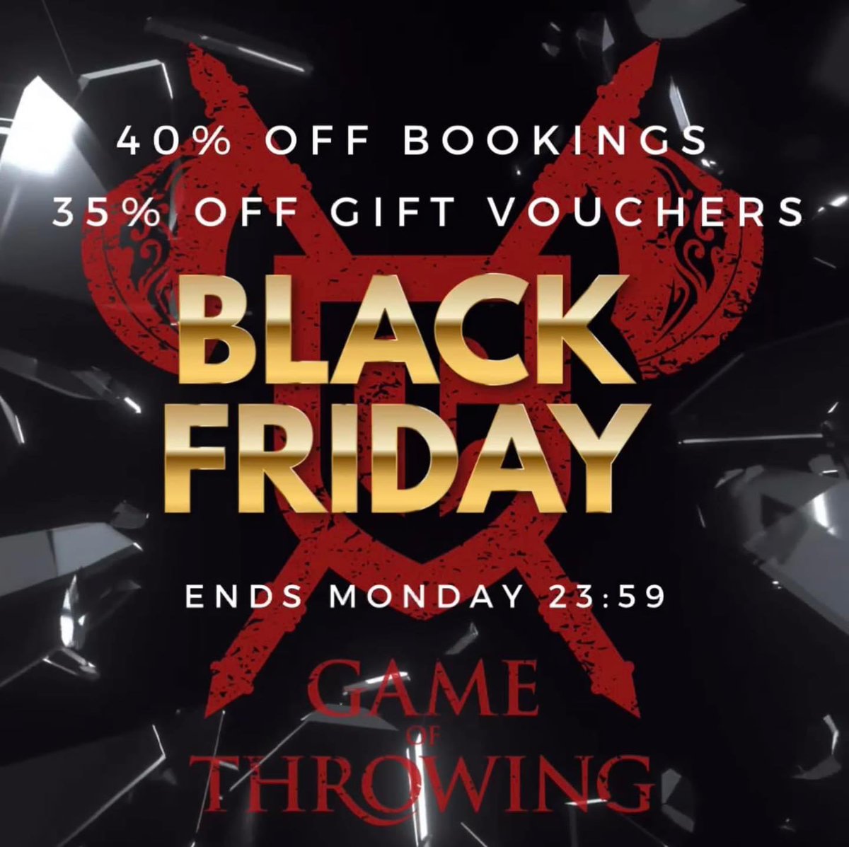 StirlingGoT's tweet photo. Use BLKFRIDAY for 40% off bookings or GVFRIDAY for 35% off gift vouchers! Promotion ends Monday 11:59pm #axethrowingstirling #gameofthrowing #gotstirling #stirlingscotland #blackfriday #gameofthrowingstirling https://t.co/uwKFiycaoW