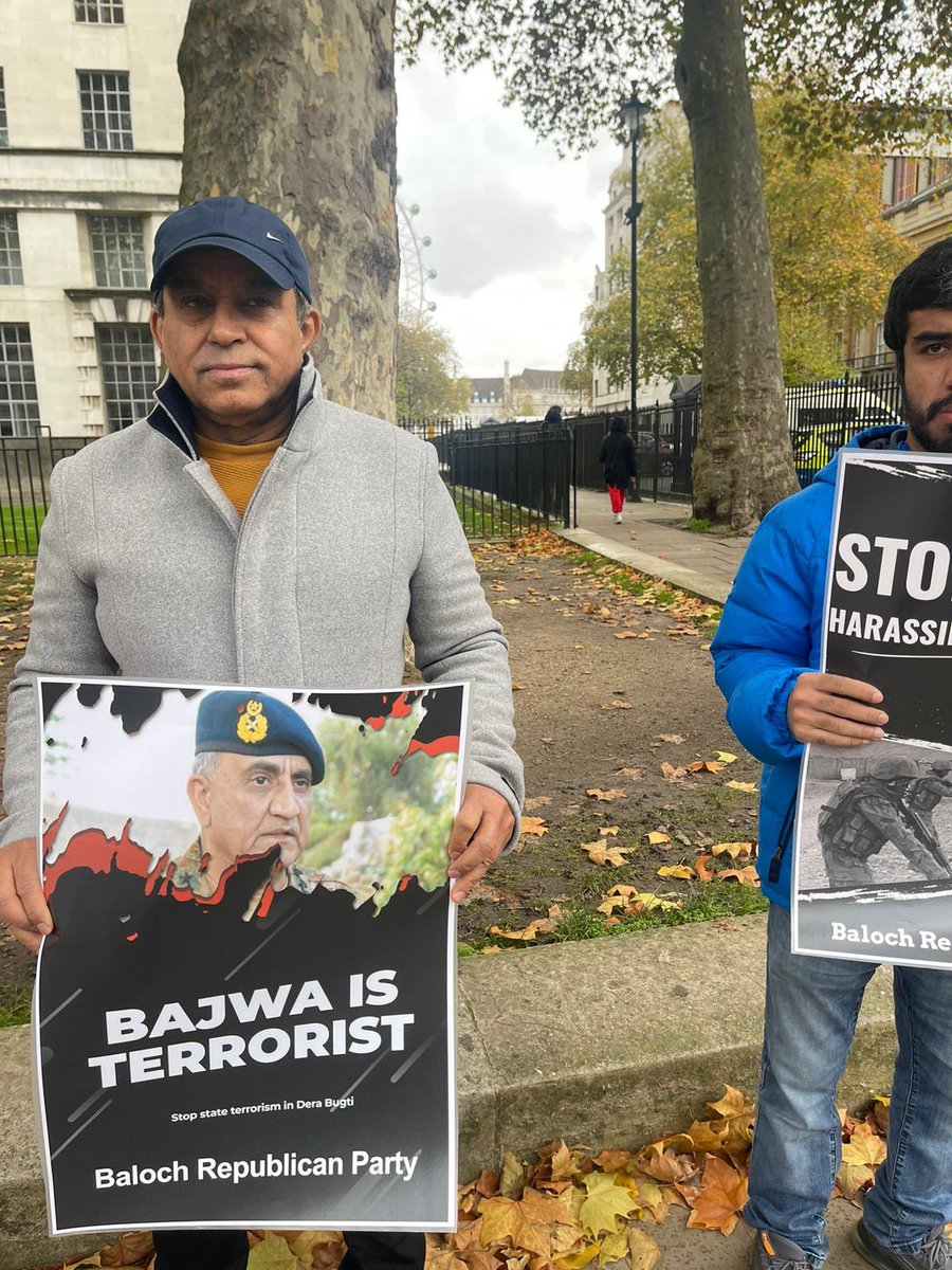 SherM_BRP's tweet photo. A protest demonstration was held by the Baloch Republican Party in London today.  The protesters condemned the Pakistani army aggression in Balochistan, registration of fake case against residents of Dera Bugti and raids on houses and violence against women. https://t.co/QW9crel3fo