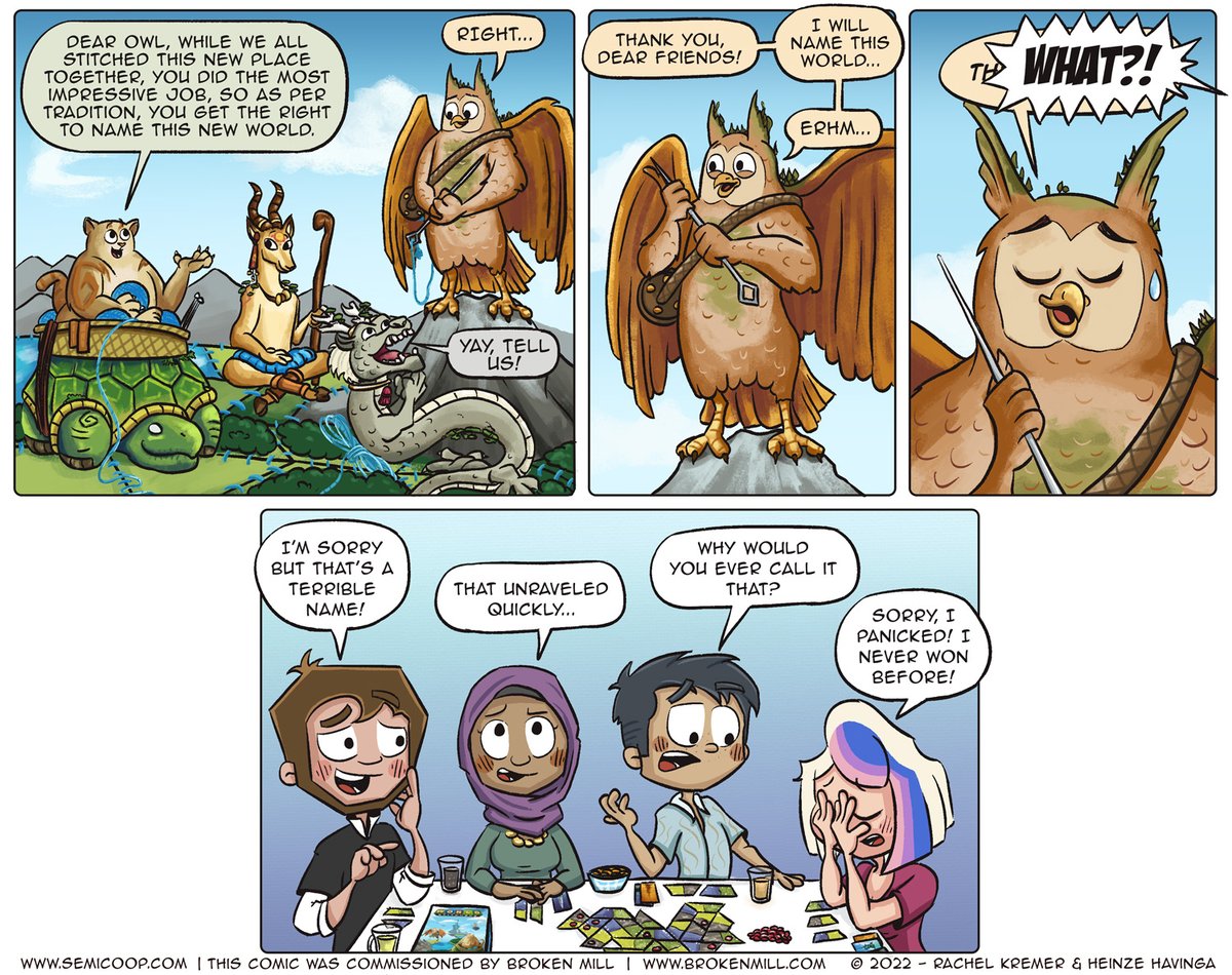 Extra comic, thanks to <a href="/BrokenMillGames/">Broken Mill</a>! We think it's best that the name of the world stays a secret forever but feel free to guess in the replies...🤫

World Stitchers is a fun modular, competitive tile-laying game and you can support the project at: kickstarter.com/projects/broke…