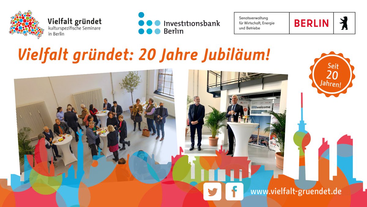 Die Seminarreihe #vielfaltgründet feiert ihr 20-jähriges Bestehen! Auf der <a href="/deGUT/">deGUT Berlin</a> Messe haben Wirtschaftssenator Schwarz der <a href="/SenWiEnBe/">Senatsverwaltung für Wirtschaft, Energie, Betriebe</a> und Dr. Holm der <a href="/PR_ibb/">Investitionsbank Berlin</a> die Kooperationsvereine bei einem Empfang besonders geehrt. Vielen Dank für die gute Zusammenarbeit!
