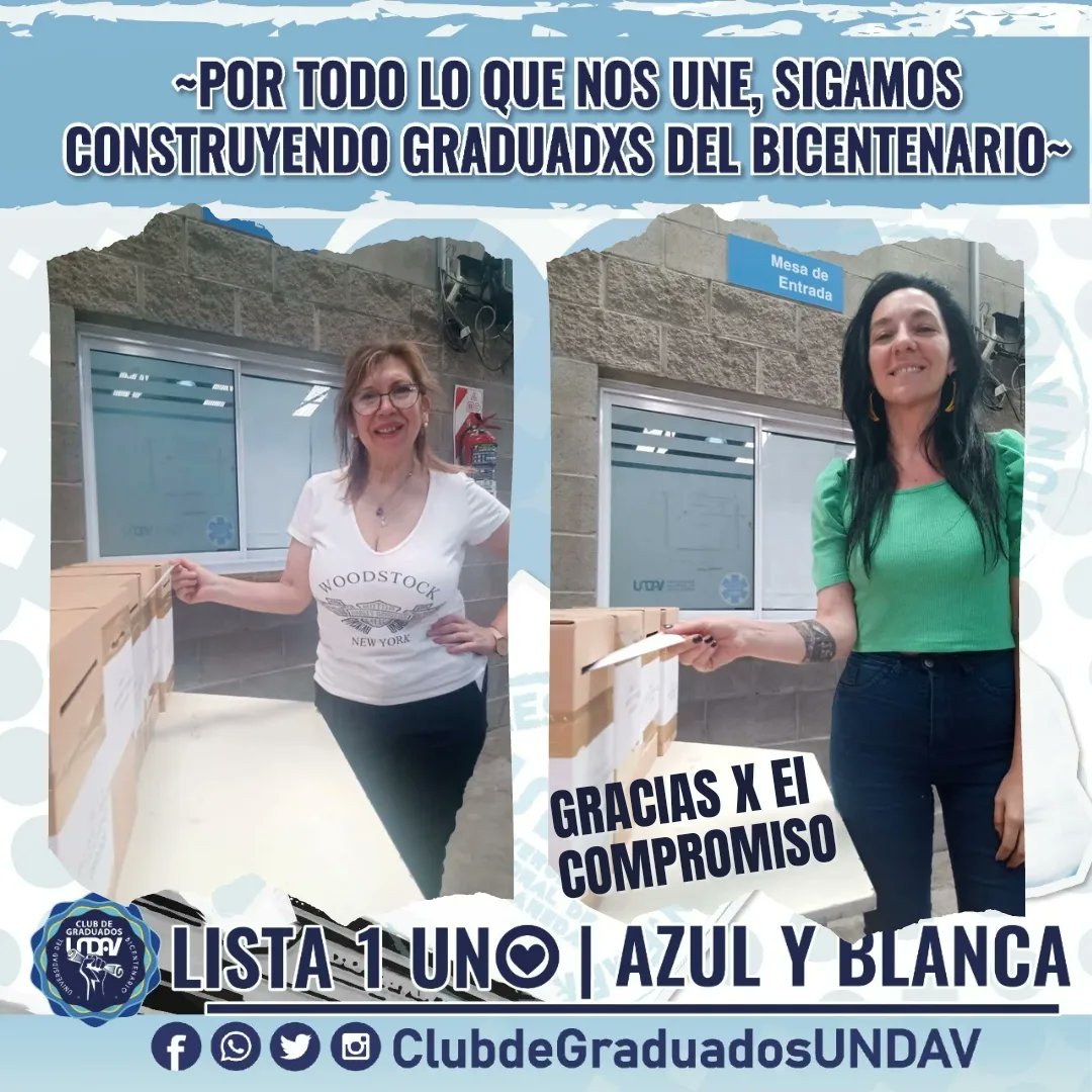 ClubGraduados's tweet photo. 🔷 𝙍𝙚𝙜𝙞𝙨𝙩𝙧𝙤𝙨 𝙙𝙚 𝙡𝙖 𝙋𝙧𝙞𝙢𝙚𝙧𝙖 𝙟𝙤𝙧𝙣𝙖𝙙𝙖 𝙚𝙡𝙚𝙘𝙘𝙞𝙤𝙣𝙚𝙨 𝙙𝙚 𝘾𝙤𝙜𝙤𝙗𝙞𝙚𝙧𝙣𝙤 𝙙𝙚 𝙡𝙖 𝙐𝙉𝘿𝘼𝙑- 𝘾𝙡𝙖𝙪𝙨𝙩𝙧𝙤 𝙂𝙧𝙖𝙙𝙪𝙖𝙙𝙤 📢
🇦🇷  𝗟𝗶𝘀𝘁𝗮 𝟭 𝗔𝘇𝘂𝗹 𝘆 𝗕𝗹𝗮𝗻𝗰𝗮 
#NoTeOlvides el DNI!!!

#UNDAV #LISTA1AZULYBLANCA #Lista1 https://t.co/M00YMBO33D