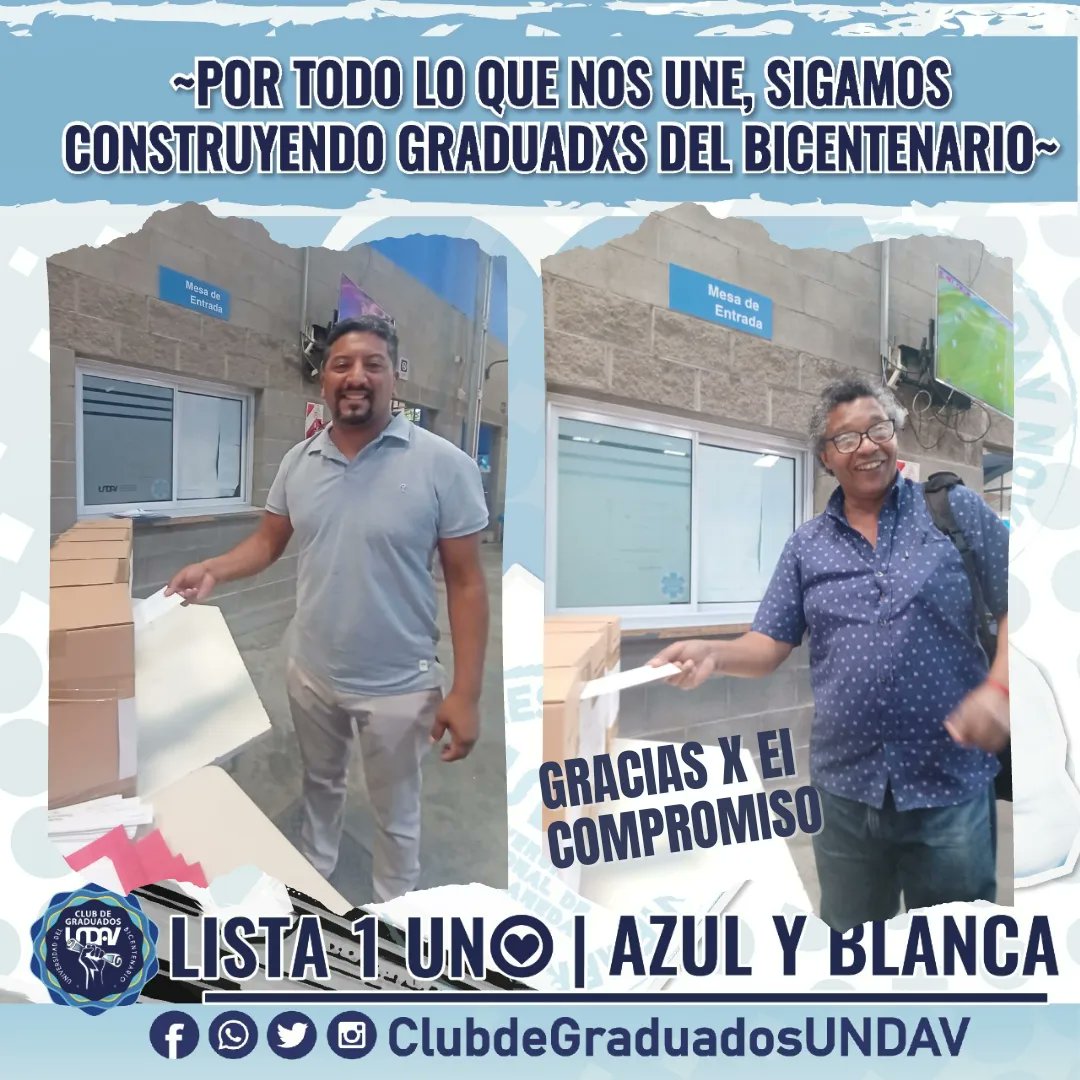 ClubGraduados's tweet photo. 🔷 𝙍𝙚𝙜𝙞𝙨𝙩𝙧𝙤𝙨 𝙙𝙚 𝙡𝙖 𝙋𝙧𝙞𝙢𝙚𝙧𝙖 𝙟𝙤𝙧𝙣𝙖𝙙𝙖 𝙚𝙡𝙚𝙘𝙘𝙞𝙤𝙣𝙚𝙨 𝙙𝙚 𝘾𝙤𝙜𝙤𝙗𝙞𝙚𝙧𝙣𝙤 𝙙𝙚 𝙡𝙖 𝙐𝙉𝘿𝘼𝙑- 𝘾𝙡𝙖𝙪𝙨𝙩𝙧𝙤 𝙂𝙧𝙖𝙙𝙪𝙖𝙙𝙤 📢
🇦🇷  𝗟𝗶𝘀𝘁𝗮 𝟭 𝗔𝘇𝘂𝗹 𝘆 𝗕𝗹𝗮𝗻𝗰𝗮 
#NoTeOlvides el DNI!!!

#UNDAV #LISTA1AZULYBLANCA #Lista1 https://t.co/M00YMBO33D