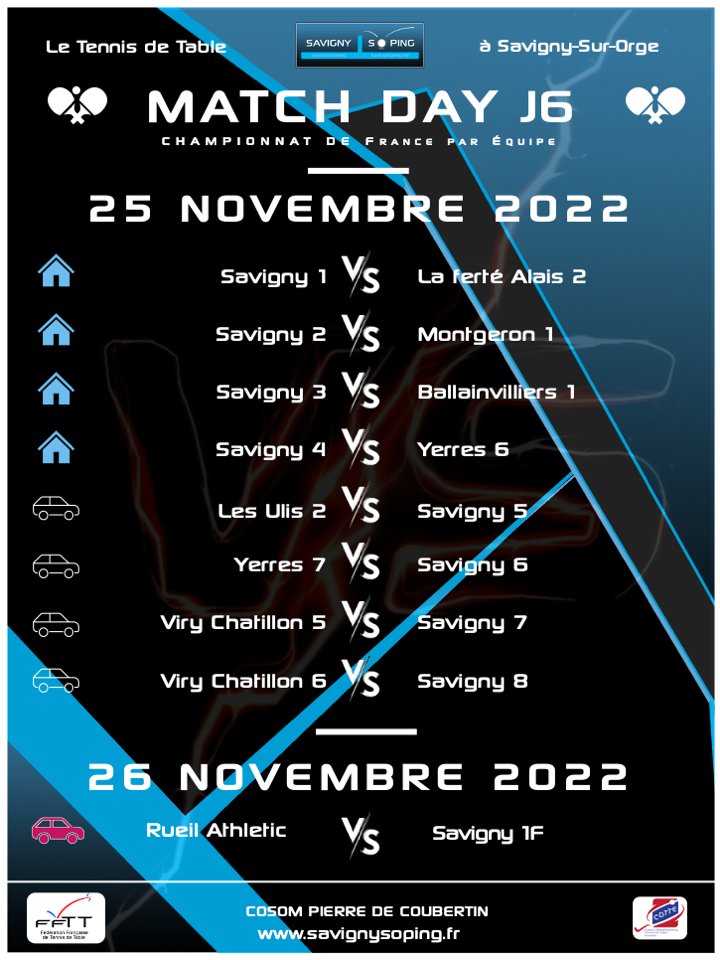 savignysoping's tweet photo. 🗓️ 🏓 Ce vendredi 25/11 et samedi 26/11, place a l'avant dernière journée de la phase !
Les équipes 1 à 4 évolueront à domicile ce vendredi pour disputer des matchs décisifs
https://t.co/YkUAmkN8Rz
#SavignySoPing #SavignySurOrge #tennisdetable #ping #club #sport #cdtte91 #ffttidf https://t.co/JyZwqw8Sa3