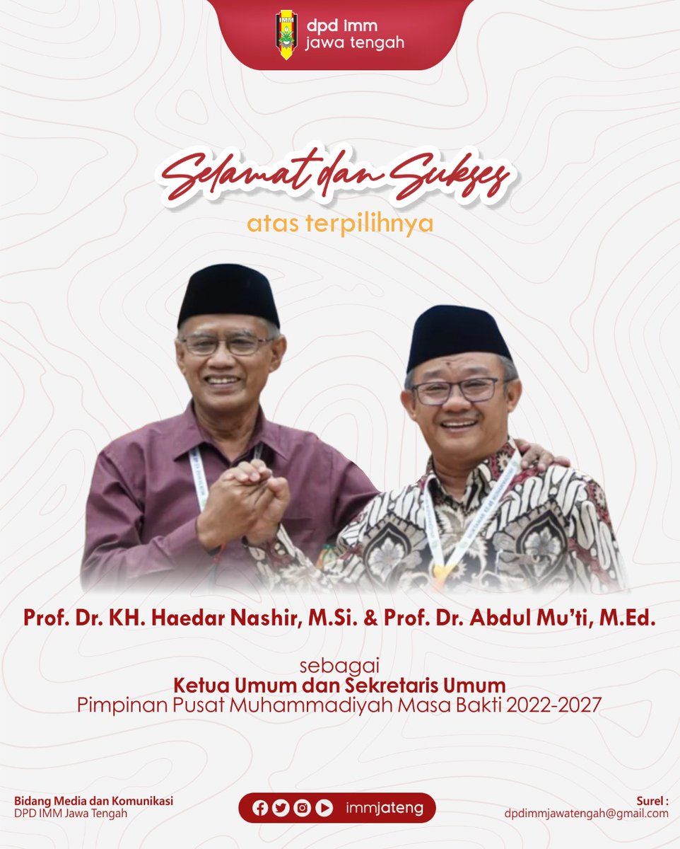 immjateng's tweet photo. Alhamdulillah @muktamar.48 telah usai.
Barakallah wa innailaih kepada Ayahanda @haedarnashirofficial, Kakanda @abe_mukti, Bunda @orbayyinah_ dan Bunda Tri Hastuti.

Semoga amanah dan dapat membawa Muhammadiyah dan 'Aisyiyah semakin berkemajuan dan mencerahkan. https://t.co/b5rqelfSkK