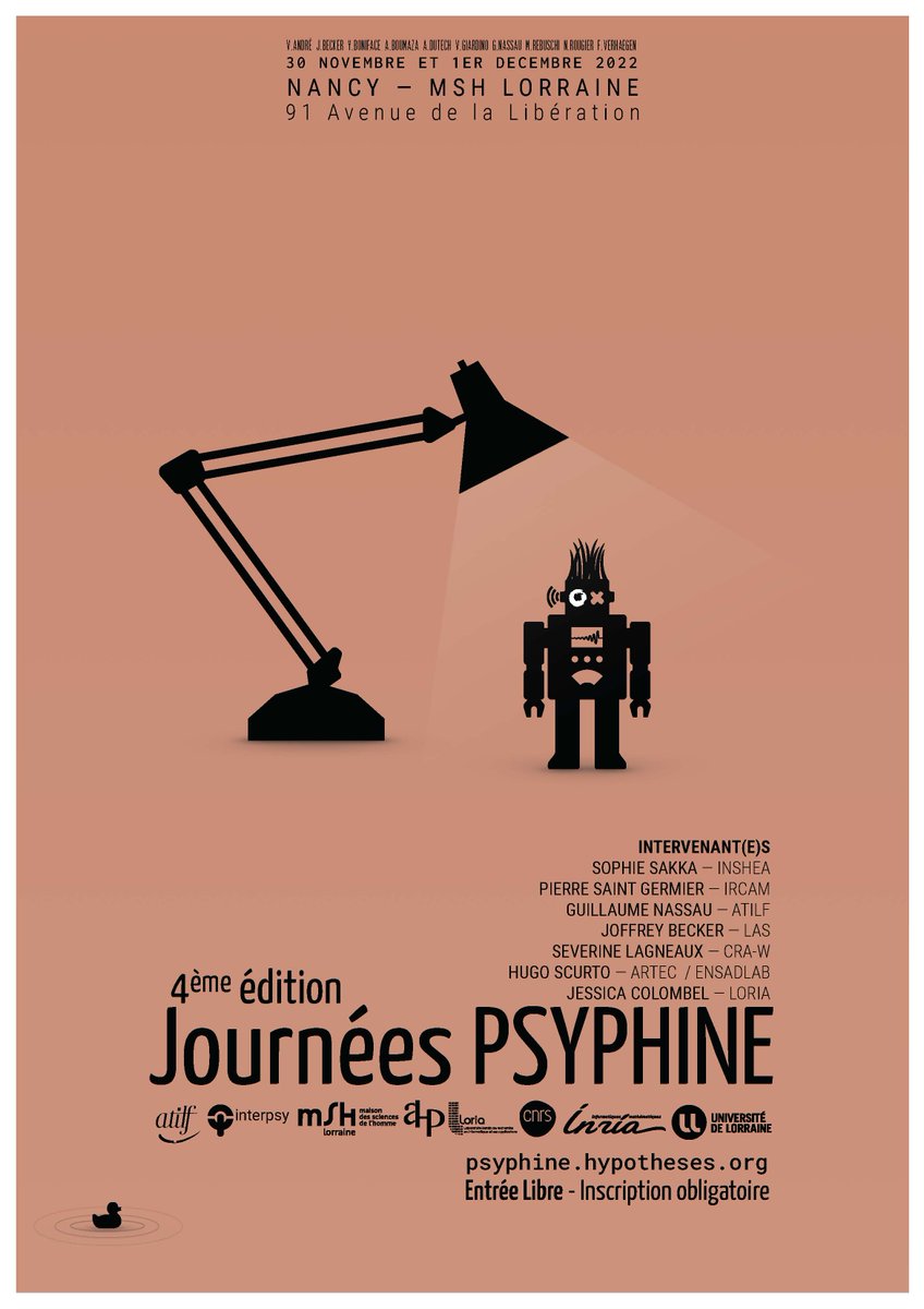 labo_Loria's tweet photo. 🤖RDV aux journées #PsyPhine pour croiser les regards et les disciplines autour des interactions entre #humain & #machines.
🗓️30/11 & 1/12 à la @MSHLorraine
📌Programme https://t.co/vo6Fr1WlU9
@AHPoincare @Univ_Lorraine @CNRS_Centre_Est @INS2I_CNRS @Inria_Nancy #ATILF #INTERPSY https://t.co/LrNKt2osKL