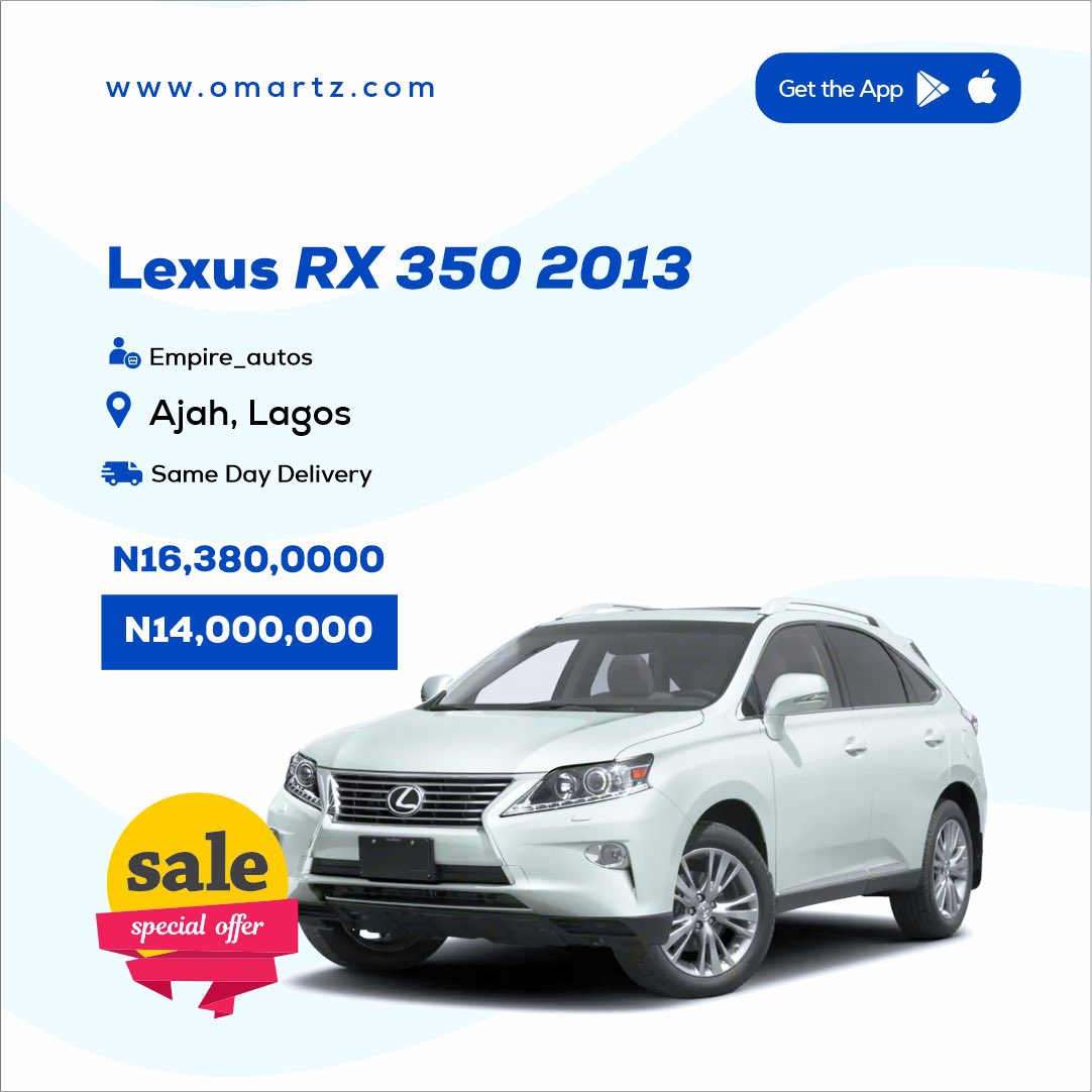 OmartzHQ's tweet photo. Deal of the day
Lexus RX 350 2013
Head over to the website/app to place your order now or open the link in the bio, click deal of the day then chat with the seller.
Olamide iMessage
#dealoftheday #novembersale #businessoftheday #marketplace #omartz https://t.co/FsMVKHiSKW