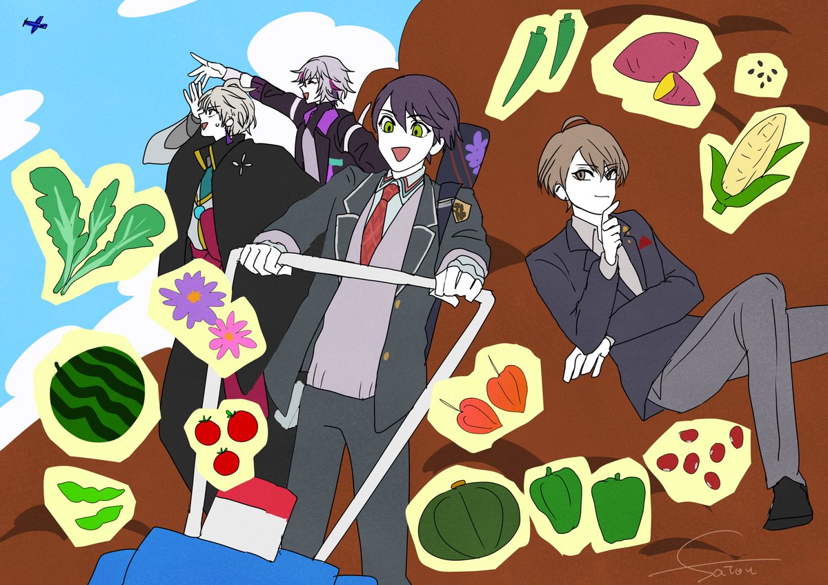 multiple boys jacket watermelon necktie food eggplant black jacket  illustration images