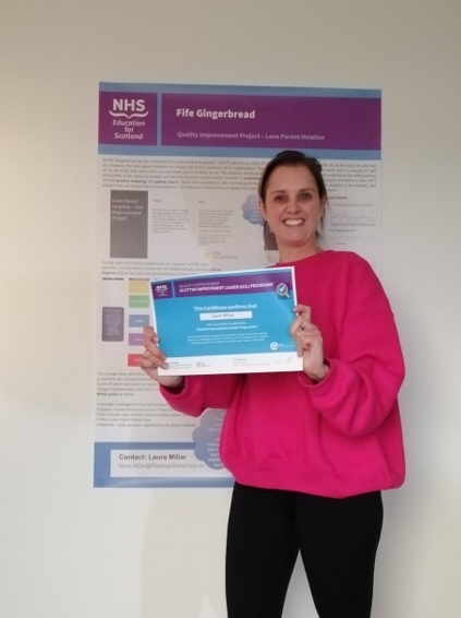 Laura_FifeG's tweet photo. We had our graduation today for SCiL & my poster and certificate arrived while I was logged in... Ignore the dark tired mum eyes, beneath it I'm thrilled to complete the course #scilgrad2022 @nes_qi @FifeCYPIC (And kids are playing with the enormous tube the poster arrived in!) https://t.co/CHGuzsEhhf