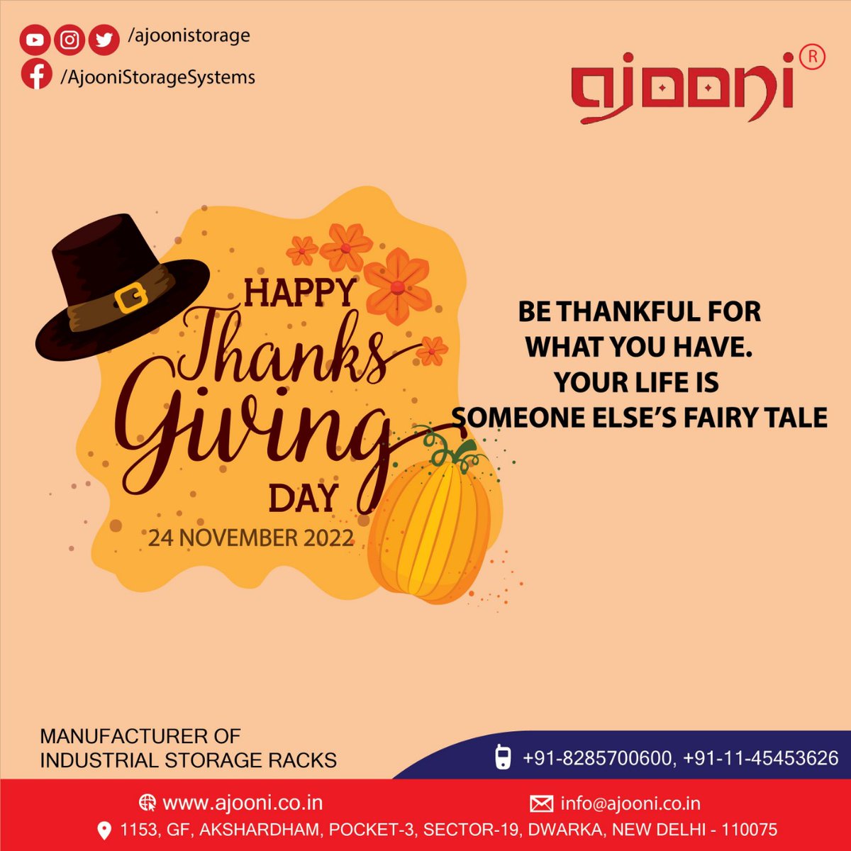 SteelRacks's tweet photo. “Gratitude is not only the greatest of virtues, but the parent of all others.” #HappyThanksGivingDay #ThanksGivingDay 
#AjooniStorageSystems #PalletRacks #StorageRacks #WarehouseRacks #PlasticPallets #PalletRacksInNoida https://t.co/mNcsbyszsW