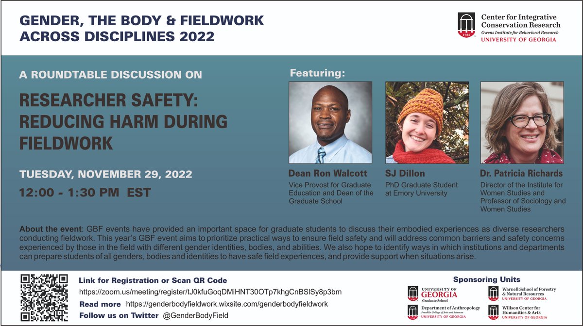 GenderBodyField's tweet image. We are pleased to announce a roundtable discussion on 'Researcher Safety: Reducing Harm During Fieldwork" as part of #GBF2022 ‼️👏

When: 29th September 2022 | 12:00 - 1:30 PM 🗓️

genderbodyfieldwork.wixsite.com/genderbodyfiel…

Register here 👉 
zoom.us/meeting/regist…

@UGAICON @UGACICR