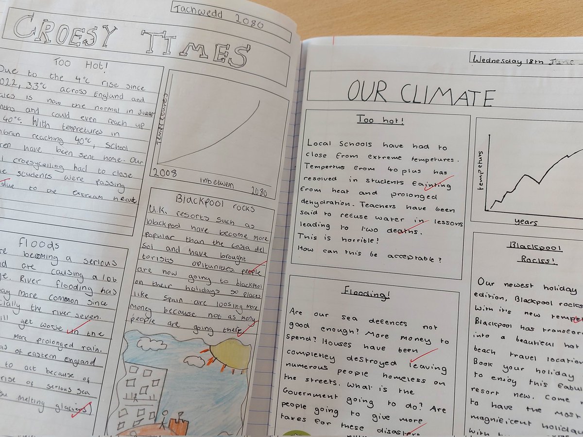 Mrslyonsrogers's tweet photo. Great ambition shown by 8EG creating their 'newspapers from the future' on the impacts of climate change. A pleasure to read! @CroesHumanities @CroesyGeog https://t.co/fWkTThmSIr