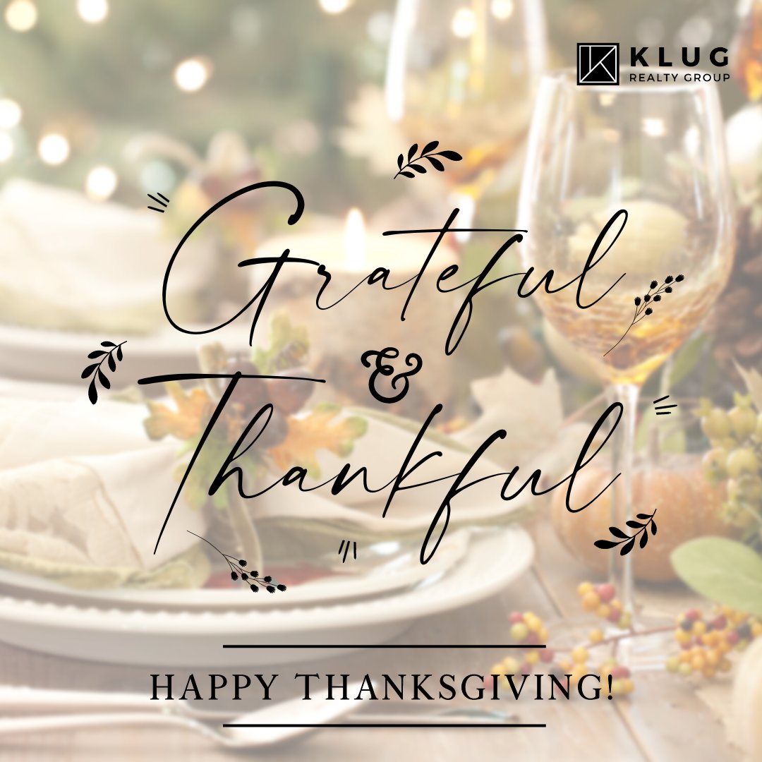 KlugRealtyGroup's tweet photo. Wishing you and your families + friends a Happy Thanksgiving! 🦃🧡

We are so grateful today and everyday for our amazing clients &amp; staff! 🤎

Reply below what you are most thankful for! 👇
•
•
•
#happythanksgiving #thankful https://t.co/rRba4KAdjA