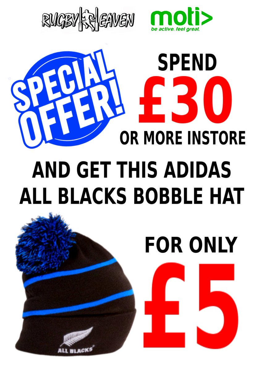 😍 SPECIAL OFFER courtesy of our sister store Rugby Heaven! 😍

Spend £30 or more instore &amp; pick up this stylish All Blacks Bobble Hat for just £5! (RRP £21.99)

Limited stock available

#Moti #Allblacks #bobblehat