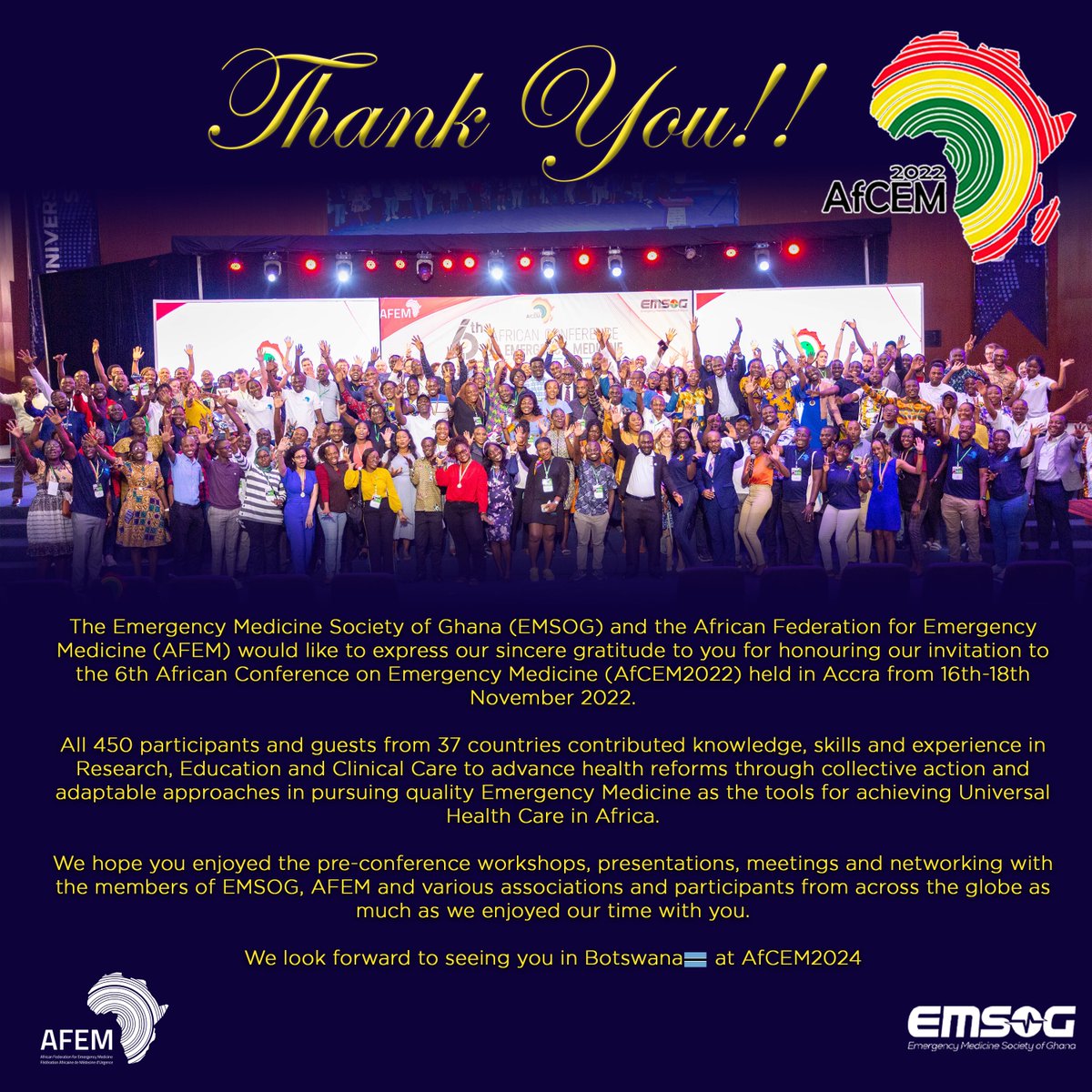 🎉Many thanks from AFEM and The Emergency Medicine Society of Ghana to everyone who participated in the fantastic 6th African Conference on Emergency Medicine (AfCEM) last week!

📢Now save the date📢 - November 2024 for the 7th AfCEM in Botswana!

@AfCEM24 @emergencymedicine