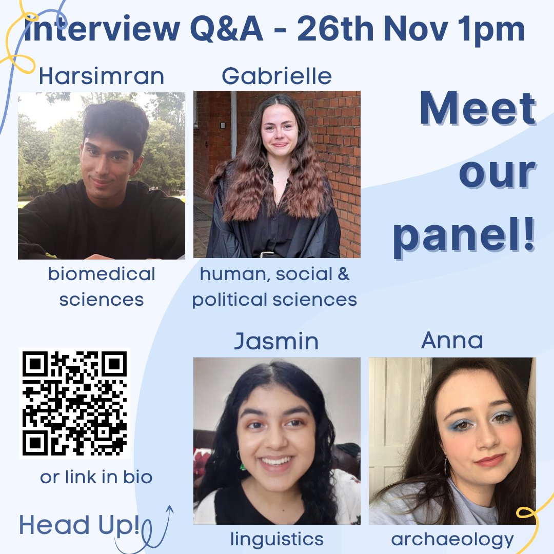 headupuk's tweet photo. Meet our panel for our Oxbridge interview Q+A session! 26th November at 1pm. They will answer any questions, share their experiences and top tips so you can make the most of your interview. Sign up here: https://t.co/uHoiaLmgmW
#Oxbridge #OxbridgeInterview #Oxford #Cambridge https://t.co/vYhYMOeLiQ