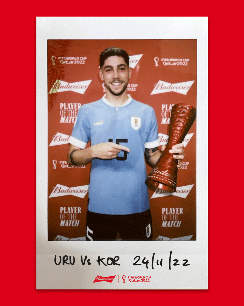 There is no stopping this man right now 🔥

Federico Valverde is making a habit of these performances and wins your #Budweiser Player of the Match.

🇺🇾 #URUKOR 🇰🇷 #POTM #YoursToTake #BudweiserWorldCup