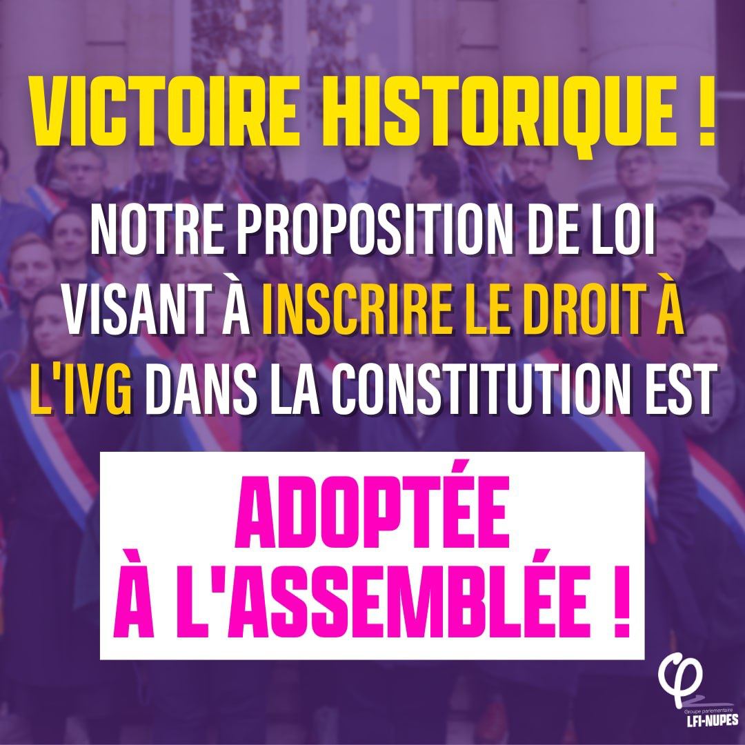 Clem_Autain's tweet photo. Vote historique aujourd'hui à l'Assemblée qui adopte à une immense majorité la constitutionnalisation du droit à l'#IVG. Une victoire pour toutes les femmes et un signal envoyé au monde alors que nos droits sont menacés dans tant de pays.

#IVGdanslaConstitution #LoisFi2022 https://t.co/lrmL4jAmDM