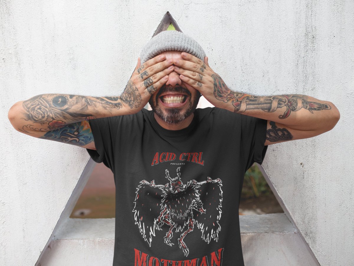acid_ctrl's tweet photo. We love incorporating our passions into wearable products! especially one of our newest t-shirts, the Mothman T-Shirt made by @harrietjane_illustration - Have you got yours yet? 💓

What do you want to see printed next? More cryptids, deathcore style? Let us know! ⬇️⬇️ https://t.co/P6XSUMKvWb