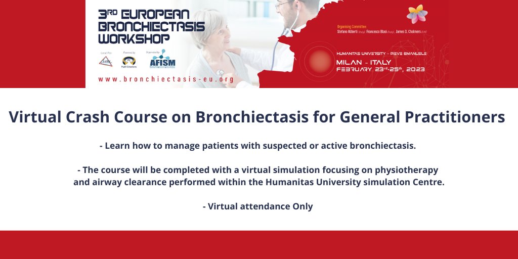 📣 Registration for the Virtual Crash Course on #Bronchiectasis for #GeneralPractitioners is now open!  

Register now: bronchiectasis-eu.org/2023/?page_id=…  

🗓 25 February 2023   
🕦 09.30 - 12.45 CET 
🌐 Virtual attendance only 

#EBROW23 #VirtualCourseGP #PatientManagement