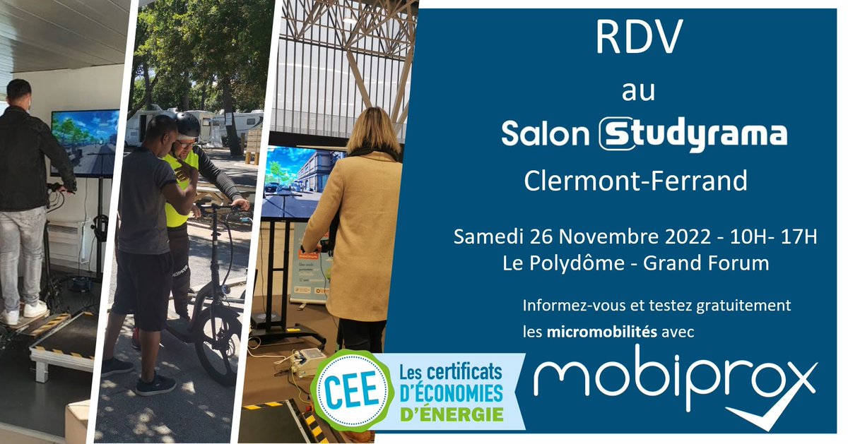 🛴 Mobiprox ira de nouveau à la rencontre des étudiants ce samedi 26 novembre 2022 dans le cadre du salon @Studyrama à Clermont-Ferrand !
Sensibilisation à l'écomobilité et initiation #VR à la prévention à trottinette électrique. Venez nombreux !
#énergie #transport #économie