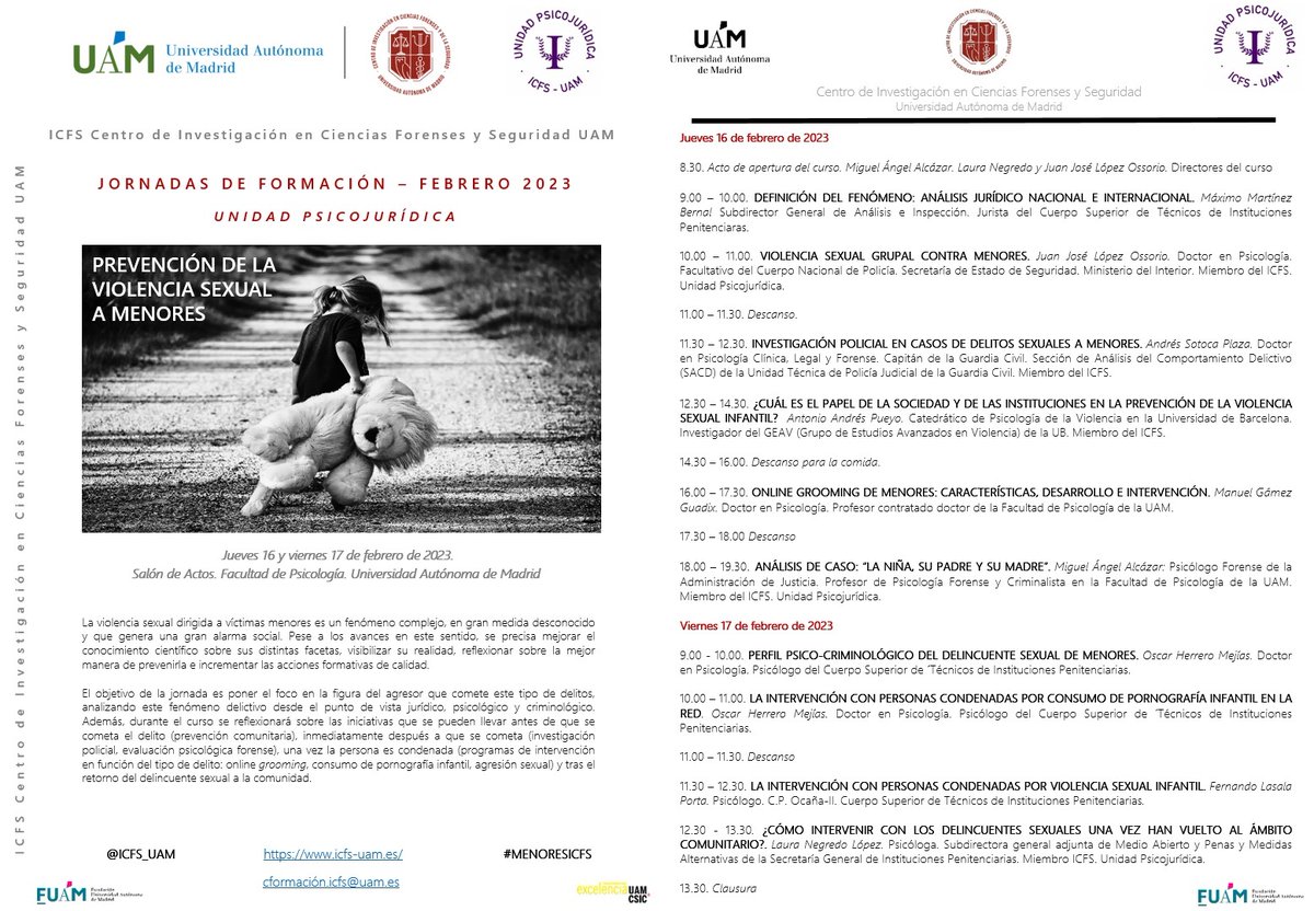 ICFS (@icfs_uam) on Twitter photo La #UnidadPsicojurídica del #ICFS pone en marcha las Jornadas de Formación: Prevención de la Violencia Sexual a Menores.
🗓️ 16 y 17 de febrero de 2023
📍Psicología <a href="/UAM_Madrid/">UAM Autónoma Madrid</a>
Información, inscripción y matrícula
👇👇
icfs-uam.es/la-unidad-psic… La #UnidadPsicojurídica del #ICFS pone en marcha las Jornadas de Formación: Prevención de la Violencia Sexual a Menores.
🗓️ 16 y 17 de febrero de 2023
📍Psicología <a href="/UAM_Madrid/">UAM Autónoma Madrid</a>
Información, inscripción y matrícula
👇👇
icfs-uam.es/la-unidad-psic…