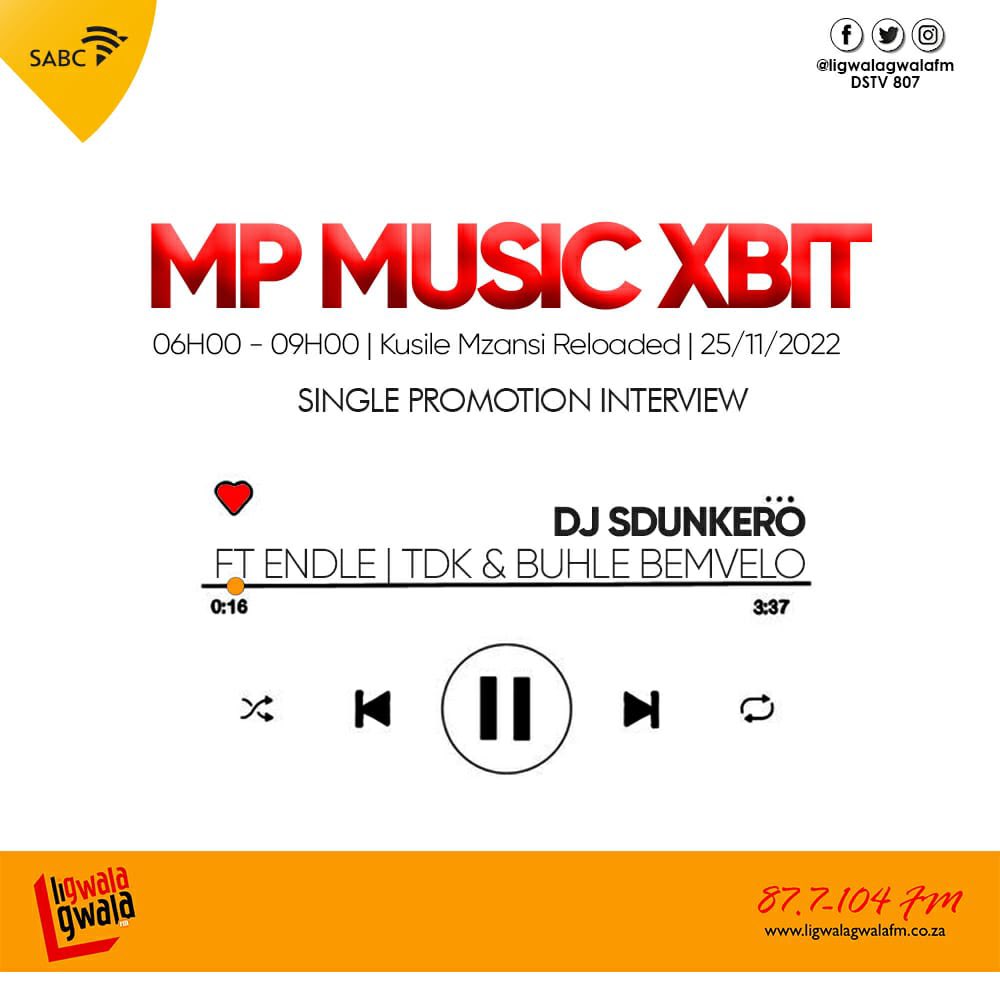 ligwalagwalaFM's tweet photo. Catch MP Music XBit tomorrow morning on #kusilemzansireloaded , single promotion interview .
#06H00-09H00
#KMR https://t.co/oavBBsXhSX