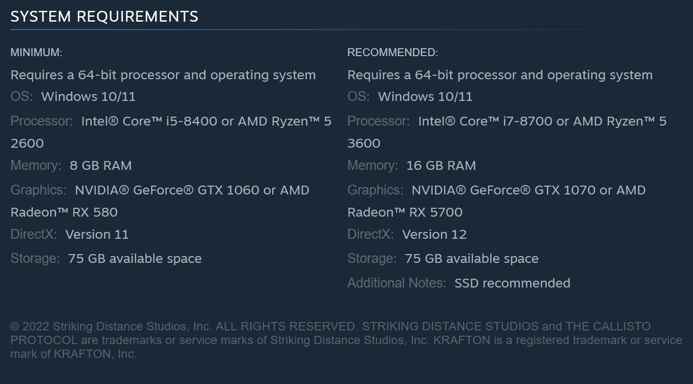 Here are the PC system requirements for The Callisto Protocol