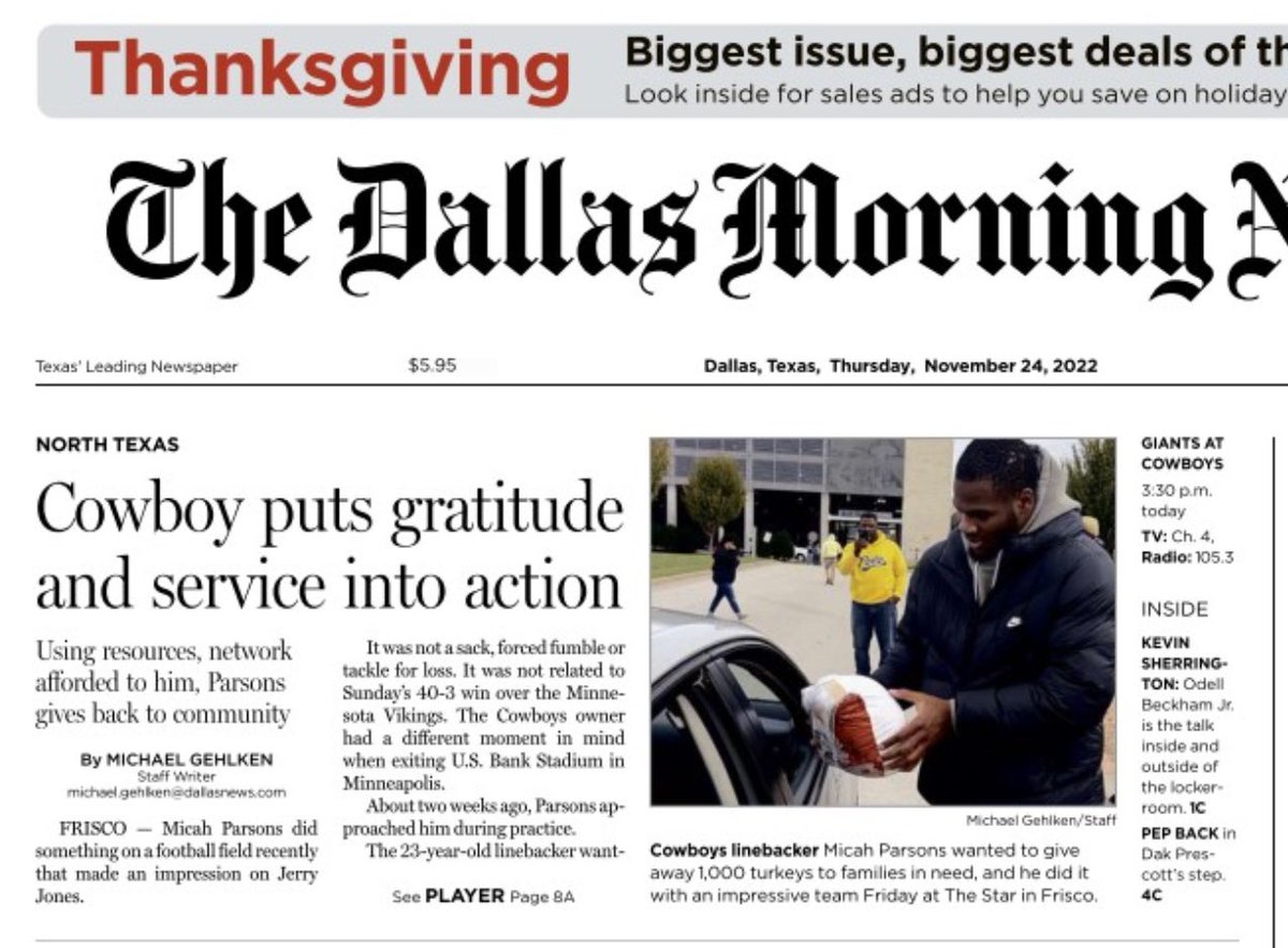 .<a href="/MicahhParsons11/">Micah Parsons</a> just read this story in the <a href="/dallasnews/">Dallas Morning News</a>. So inspiring. Thanks for all you do both on and off the football field! #givingback #thanksgiving #givingthanks