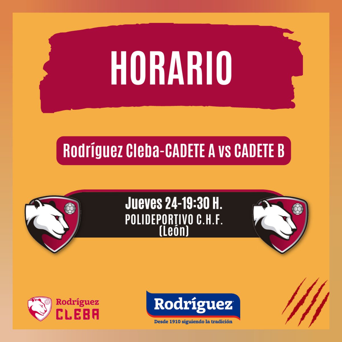 ClebaLeonBm's tweet photo. 🔴⚫𝑷𝑨𝑹𝑻𝑰𝑫𝑶 𝑫𝑬 𝑳𝑰𝑮𝑨 𝑪𝑨𝑫𝑬𝑻𝑬🔴⚫
Esta tarde de nuevo tenemos partido de liga adelantado a la jornada del sábado.  
🗓️ Jornada 7
📍 Polideportivo C.H.F.
⌚ 19:30 h 
Rodríguez Cleba Cad A 🆚Rodríguez Cleba Cad B
#embutidosrodriguez #Cleba #RodriguezCleba #balonmano https://t.co/0stk6il5Fv