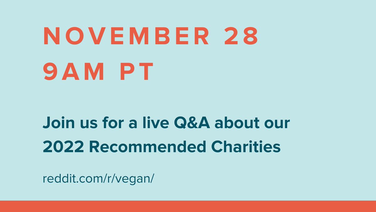 AnimalCharityEv's tweet photo. Mark your calendars! On November 28 at 9 am PT, we're hosting a live Reddit #AMA to answer any questions you may have about this year's charity recommendations. You can also submit your questions beforehand by replying to this tweet. 🐮
#AskMeAnything #AskACE #AnimalWelfare https://t.co/HiIMuuoyGF