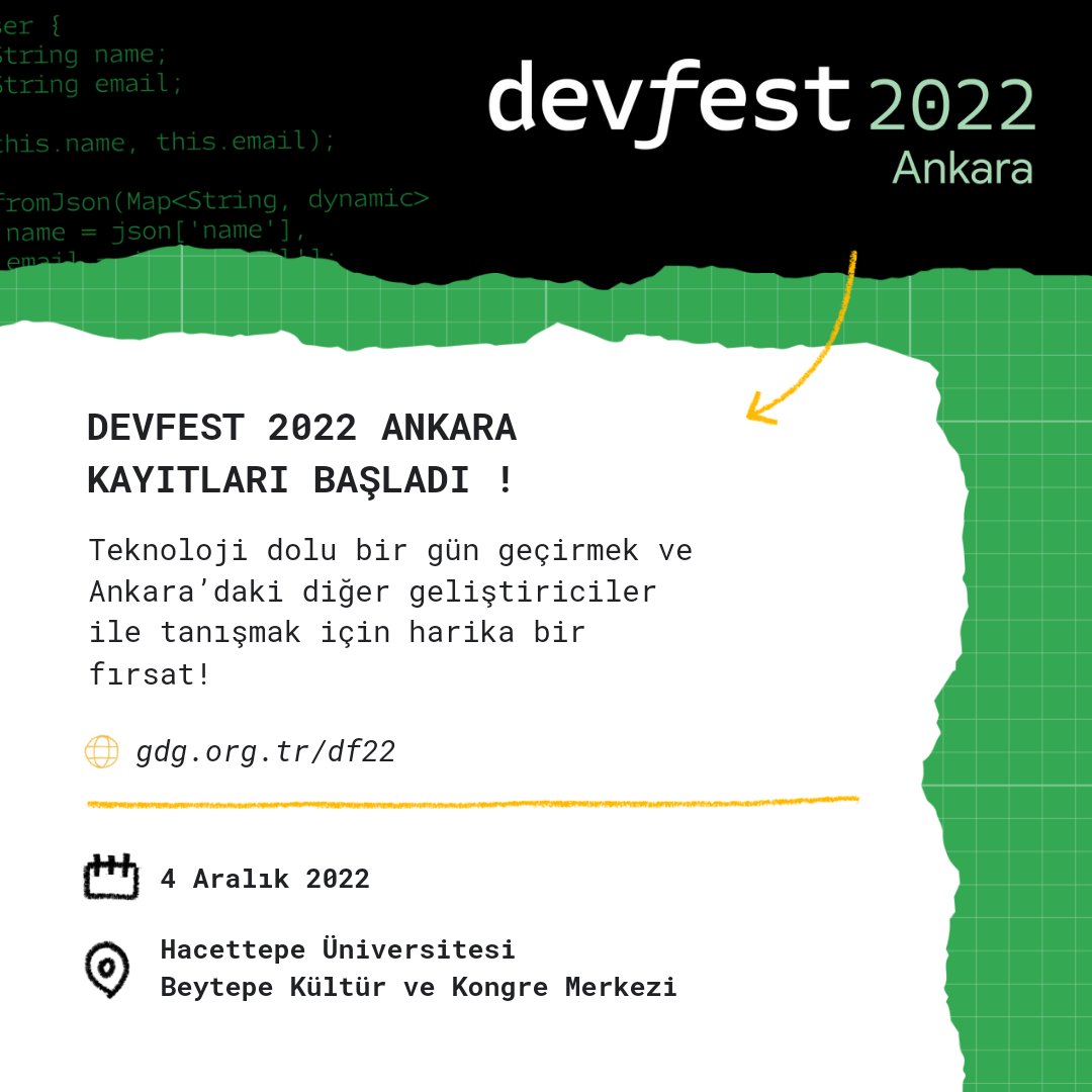 📢Google Developer Groups Ankara tarafından sekizincisi düzenlenen Devfest Ankara 2022, 4 Aralık pazar günü Beytepe Kongre ve Kültür Merkezinde sizleri bekliyor.

👩🏻‍💻 Teknoloji dolu bir gün geçirmek için hemen kayıt olun!
🔗gdg.org.tr/df22