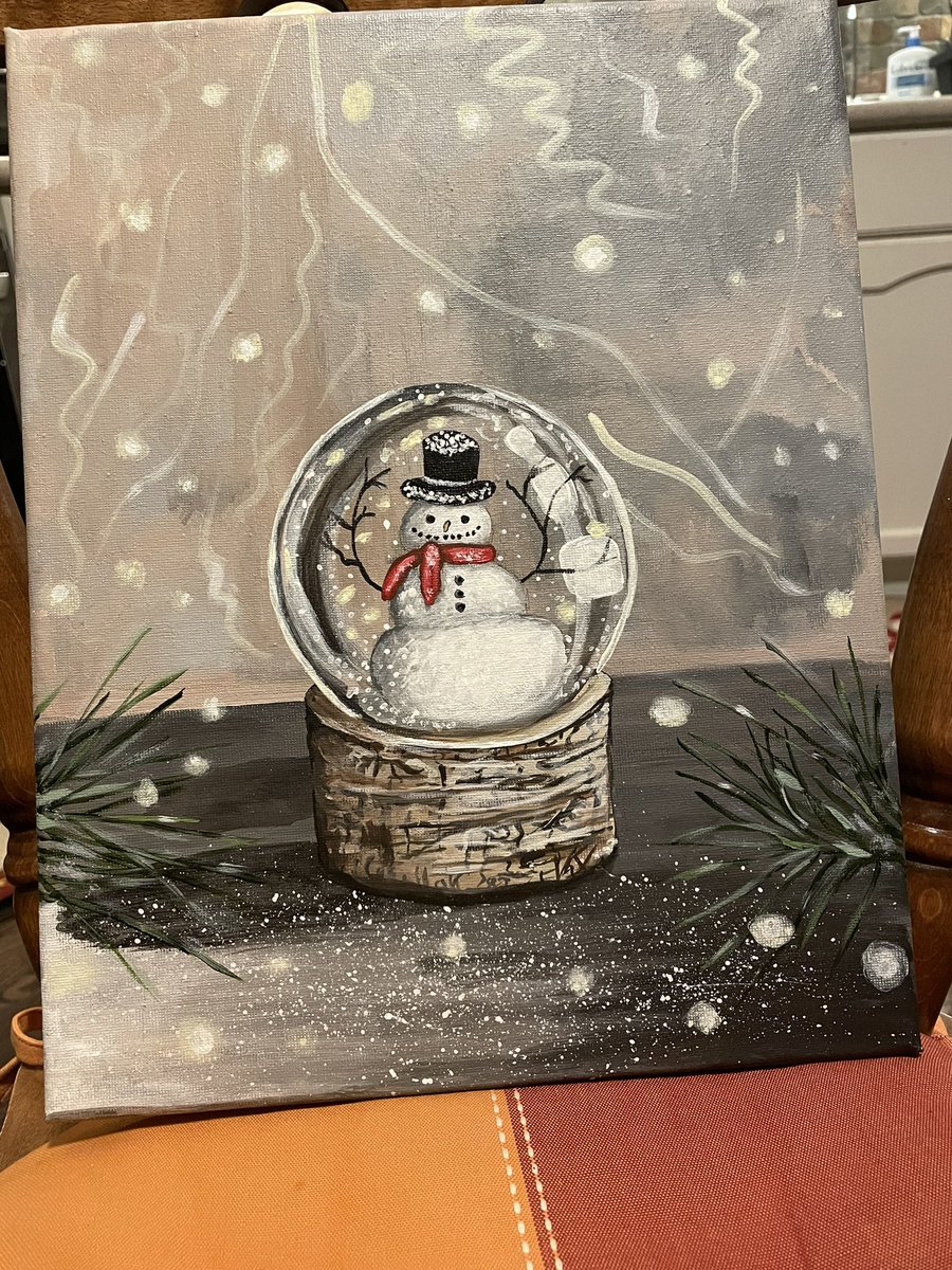 KindbyK's tweet photo. Snowman in a snow globe. ☃️
Love this happy littl le guy. 

Acrylic on 11x14 traditional stretched canvas. #art #painting #winter https://t.co/SVxhcGQ3TC