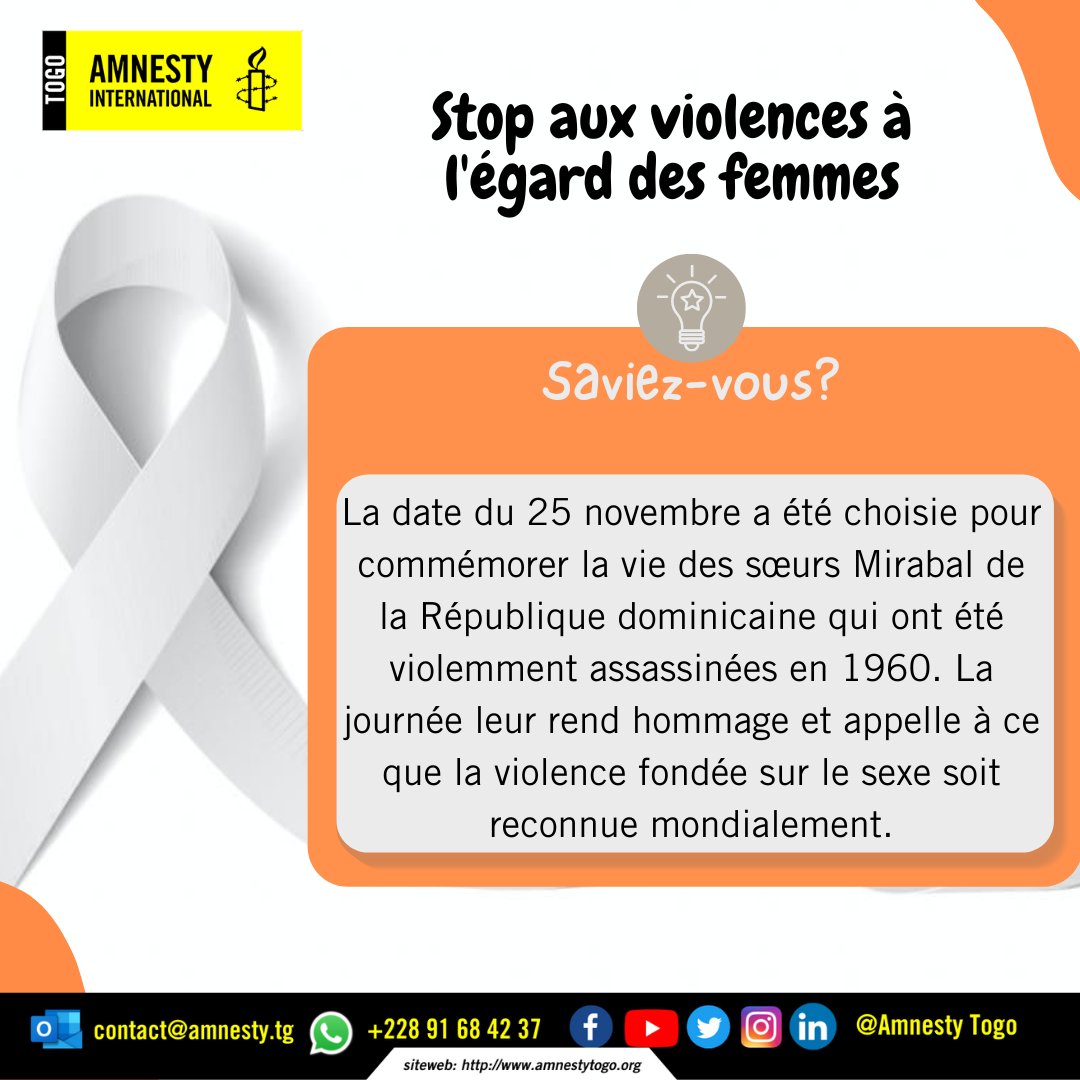 AmnestyTogo's tweet photo. Le saviez-vous?
Un peu d'histoire pour lancer les 16 jours d'actions contre les violences faites aux femmes.
#endviolenceagainstwomen
#standup4humanrights https://t.co/pk2J3RxsAg