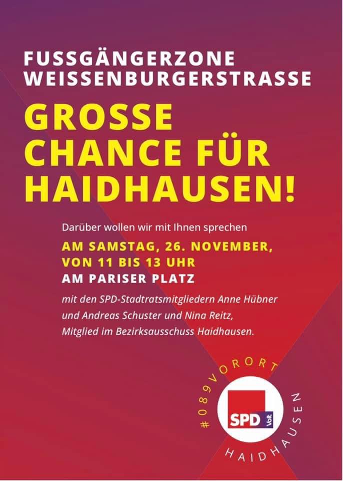 Triff uns am Samstag am Pariser Platz, um mit uns über die neue Fußgängerzone Weißenburger Straße zu sprechen. Wir freuen uns auf euch. #089vorOrt <a href="/gradl/">Nikolaus Gradl</a> <a href="/AnnieMuc/">Anne Hübner</a> #AndiSchuster <a href="/reitz_nina/">Nina Reitz</a> <a href="/SPDHaidhausen/">SPD Haidhausen</a> <a href="/melstaudinger/">Melanie Staudinger</a>