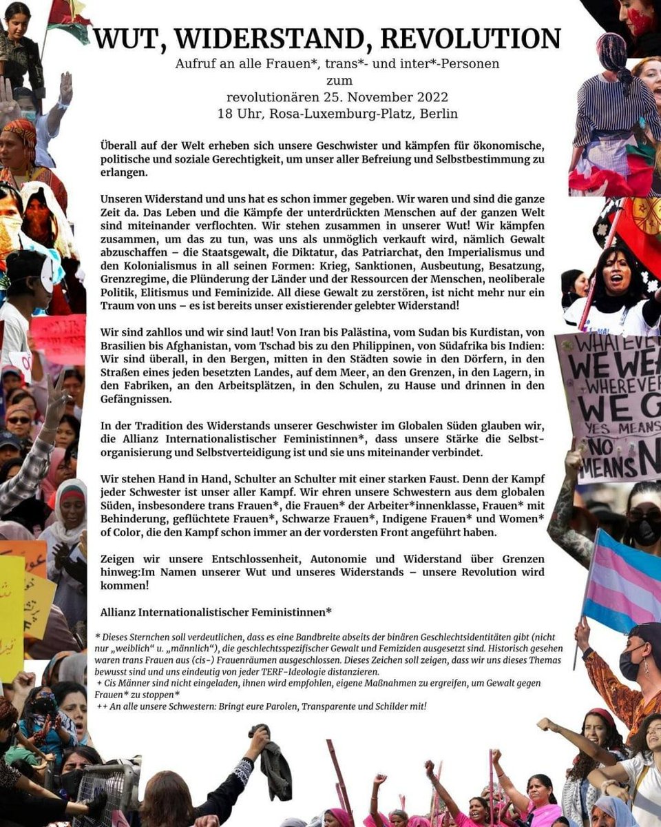 💥Ankündigung Freitag 25.11.2022💥

🔥Wut, Widerstand, Revolution!🔥

Aufruf an alle Frauen, trans*- &amp; inter*-Personen zum revolutionären 25. November 2022

⚠️ Frauen, trans*- &amp; inter*-Personen ONLY!⚠️

📢Aufruf: asanb.noblogs.org/?event=wut-wid…

(1/3)

#b2511 #JinJiyanAzadi