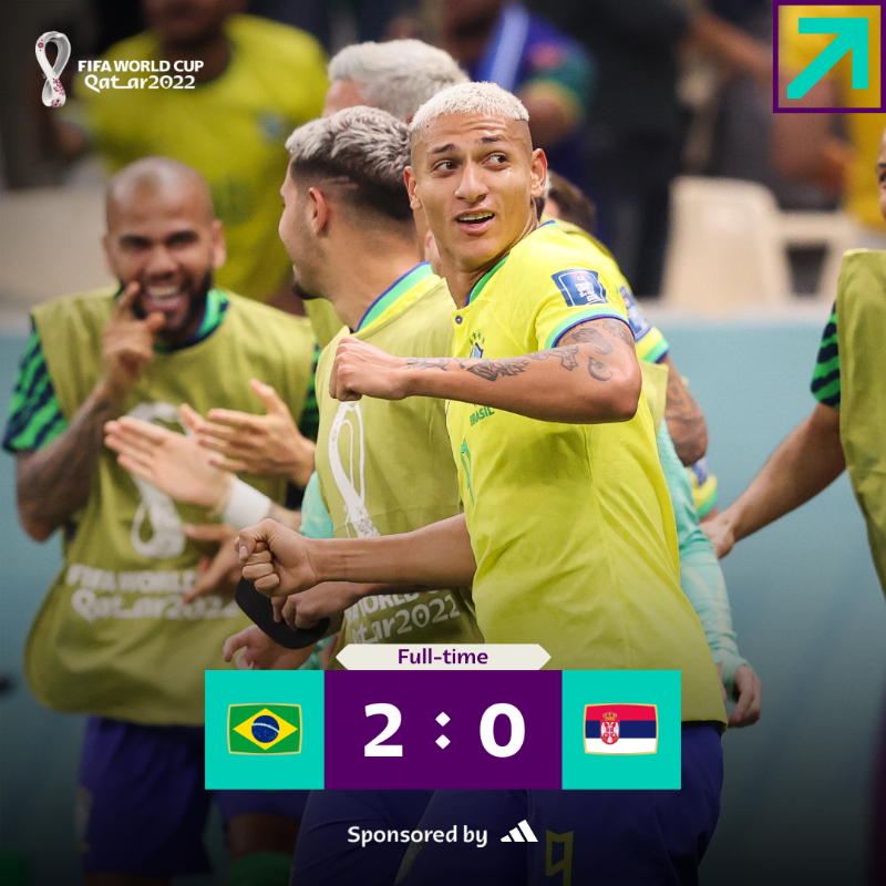 FIFAWorldCup's tweet photo. 🇧🇷 A Richarlison brace sees Brazil pick up three points against Serbia

@adidasfootball | #FIFAWorldCup