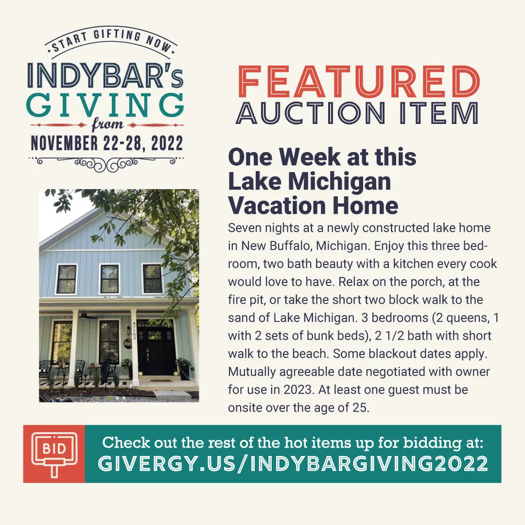 Feeling like you need an escape? Bid on this seven-day stay at a newly constructed lake house in New Buffalo, Michigan and get the space you’re searching for! The IndyBar's Giving online auction closes soon, so get your bid in now at givergy.us/IndyBarGiving2…. You deserve it!