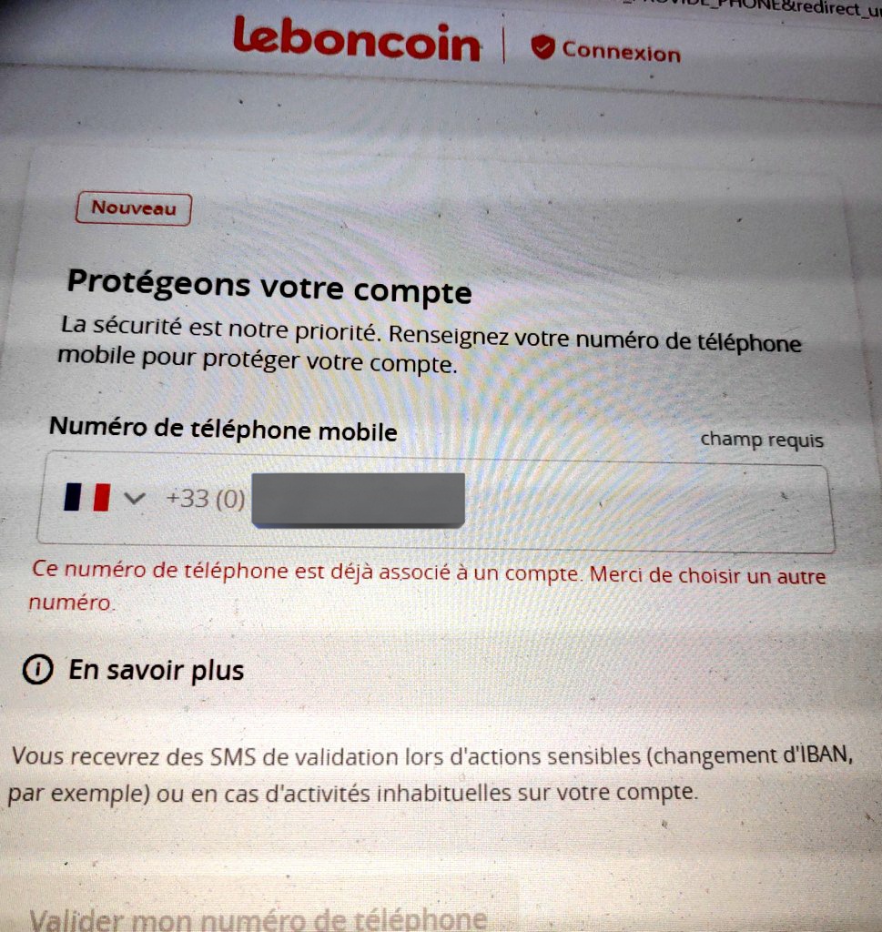 blm__'s tweet photo. #feedbackUx Bonjour @leboncoin, je tente de réactiver mon compte. Je viens de modifier le mot de passe. On me demande de rajouter mon numtel pour la double authent. Ce que je fais. Mais... le numéro est déjà utilisé. Ok je vais me connecter avec mon numtel. Ah ca n'existe pas 😬 https://t.co/M1kNLxXWMY