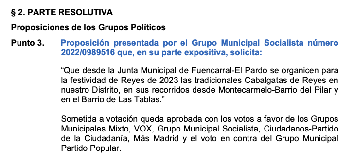 Se confirma que este año no tendremos #CabalgataReyes en Fuencarral-El Pardo, por decisión unilateral y personal de <a href="/Jrcramirez/">Javier Ramírez</a>, del PP, concejal presidente de la <a href="/JMDFuencarral/">Distrito de Fuencarral-El Pardo</a>, frente al acuerdo tomado por la mayoría de grupos el pasado septiembre en el pleno del distrito.