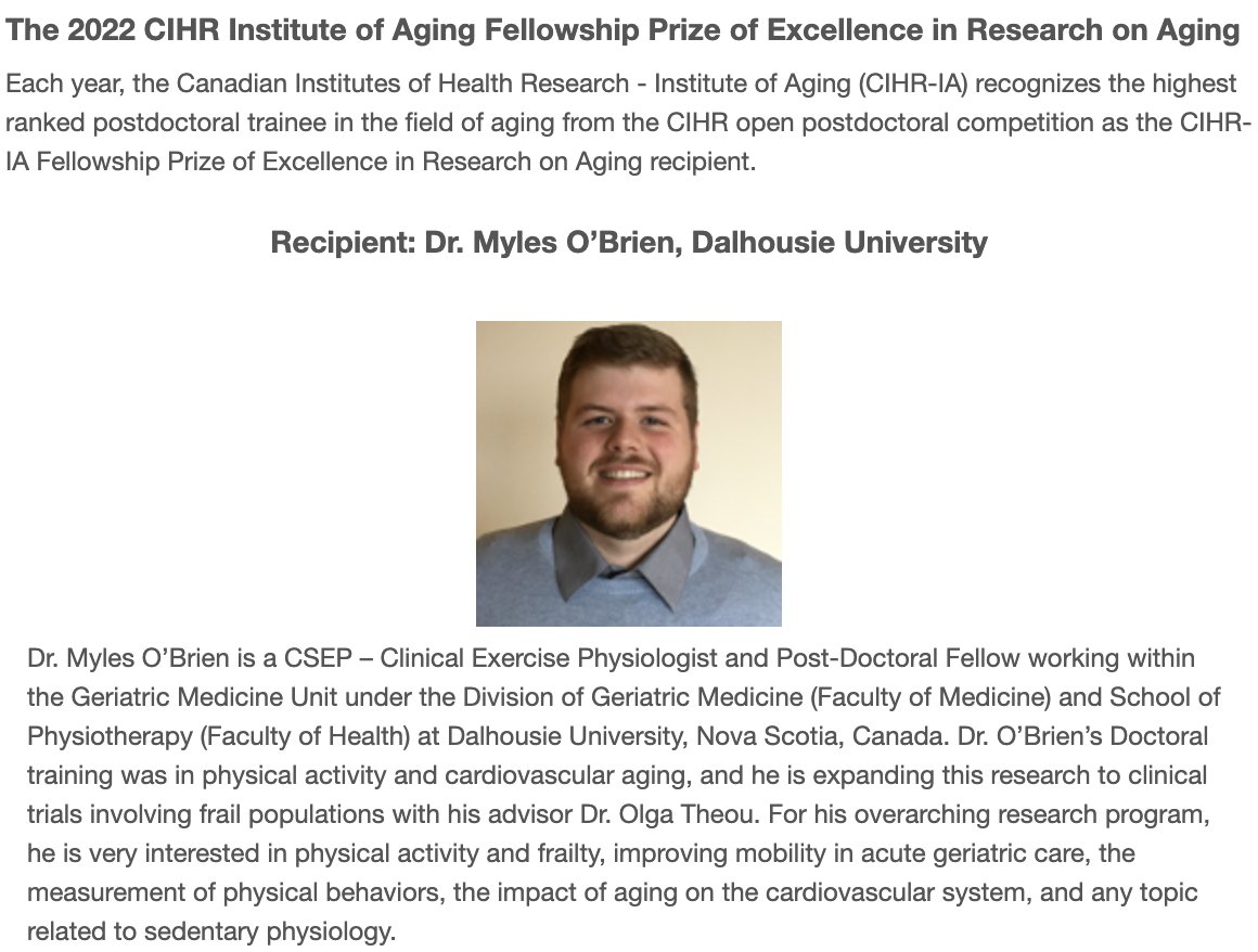Honoured to be awarded the 2022 CIHR Institute of Aging Fellowship Prize of Excellence in Research on Aging! <a href="/CIHR_IA/">CIHR Institute of Aging</a> <a href="/CIHR_IRSC/">CIHR</a> <a href="/GeriatricMedRes/">Geriatric Medicine Research (GMR)</a> <a href="/DalHealth/">Dal Health</a> <a href="/research_dal/">Department of Medicine (DoM) Research</a> <a href="/DalhousieU/">Dalhousie University</a>