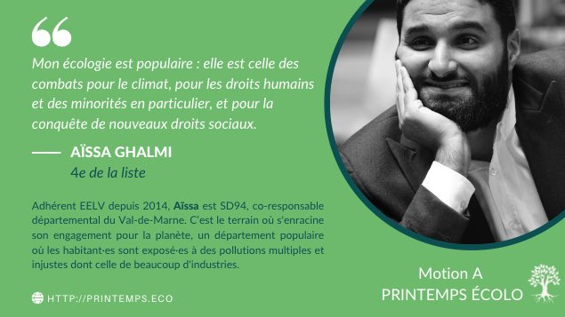 Printemps_ecolo's tweet photo. Le numéro 4 de notre XV de France est Aïssa Ghalmi :
Pour @EELV il est co-responsable du Val-de-Marne (94).
C’est le terrain où s'enracine son engagement pour la planète, un département populaire où les habitant·es sont exposé·es à des pollutions multiples et souvent injustes. https://t.co/4Pv5HekjMO