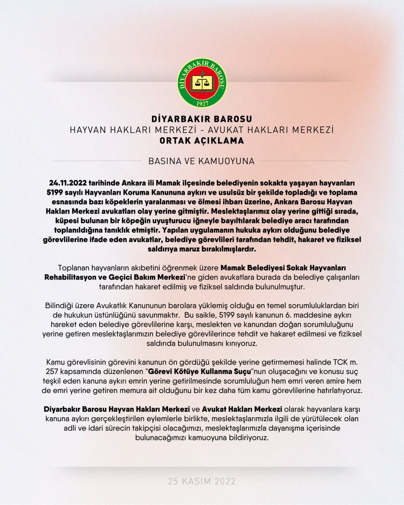 Diyarbakır Barosu Hayvan Hakları Merkezi ve Avukat Hakları Merkezi olarak hukuka aykırı her eylemin karşısında durmaya devam edeceğiz!